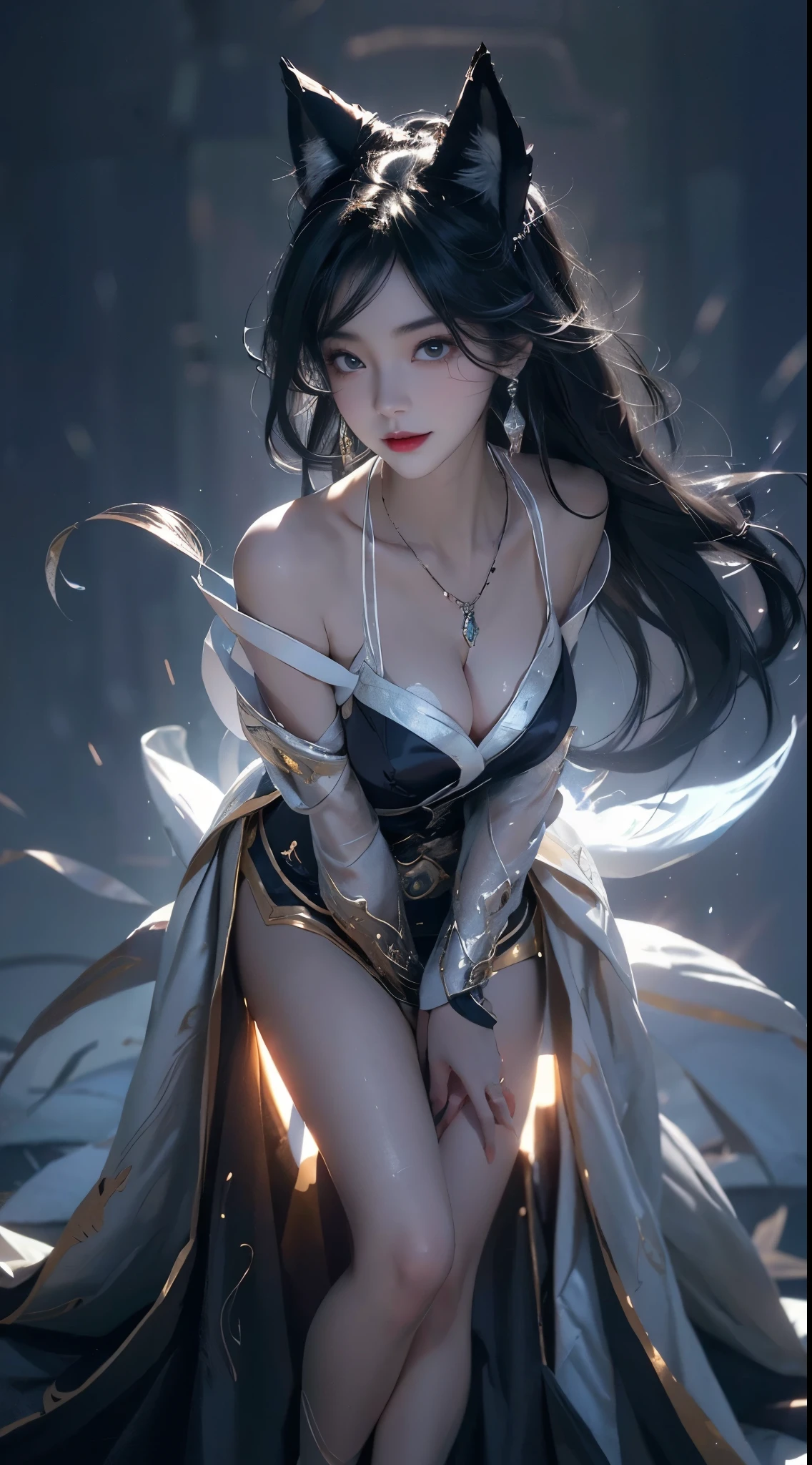 Ahri_Cosplay, White Tails, Black long hair, yellow eyes, ((knee shot)), 8k, masterpiece, original photo, best quality, detail:1.2), ((Shot at random angles)), lifelike, Extremely detailed CG unified 8k wallpapers, depth of field, movie light, lens flare, Ray tracing, (extremely beautiful face, beautiful lips, beautiful eyes), intricate detail face, ((ultra detailed skin)) 1 girl, in the darkness, deep shadow, beautiful korean girl, kpop idol,(Very slim figure:1.3), plump breasts, (bright smile), (City night, (neon lights), (night), beautiful korean girl, white diamond earrings, diameter bracelet, Dia Necklace, clear eyes, Walk, (big eyes), right hand, anatomically correct