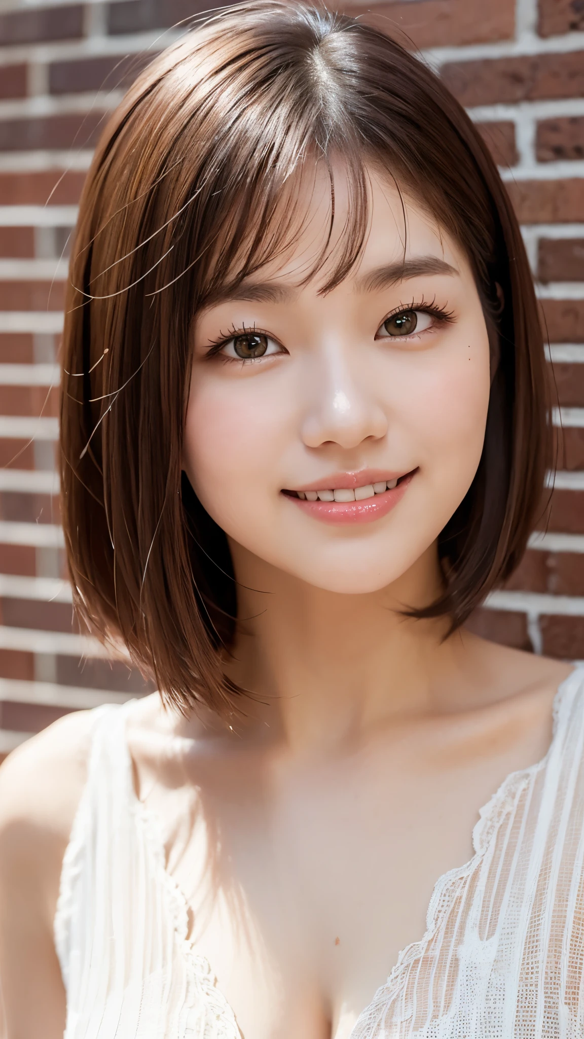 Beautiful Korean girl with good style、white and beautiful skin、short height、brown hair、bob cut hair、reddish brown eyes、slanted eyes、thin eyebrows、thick lips、smile、fancy clothes、Fashion Model、brick background、
