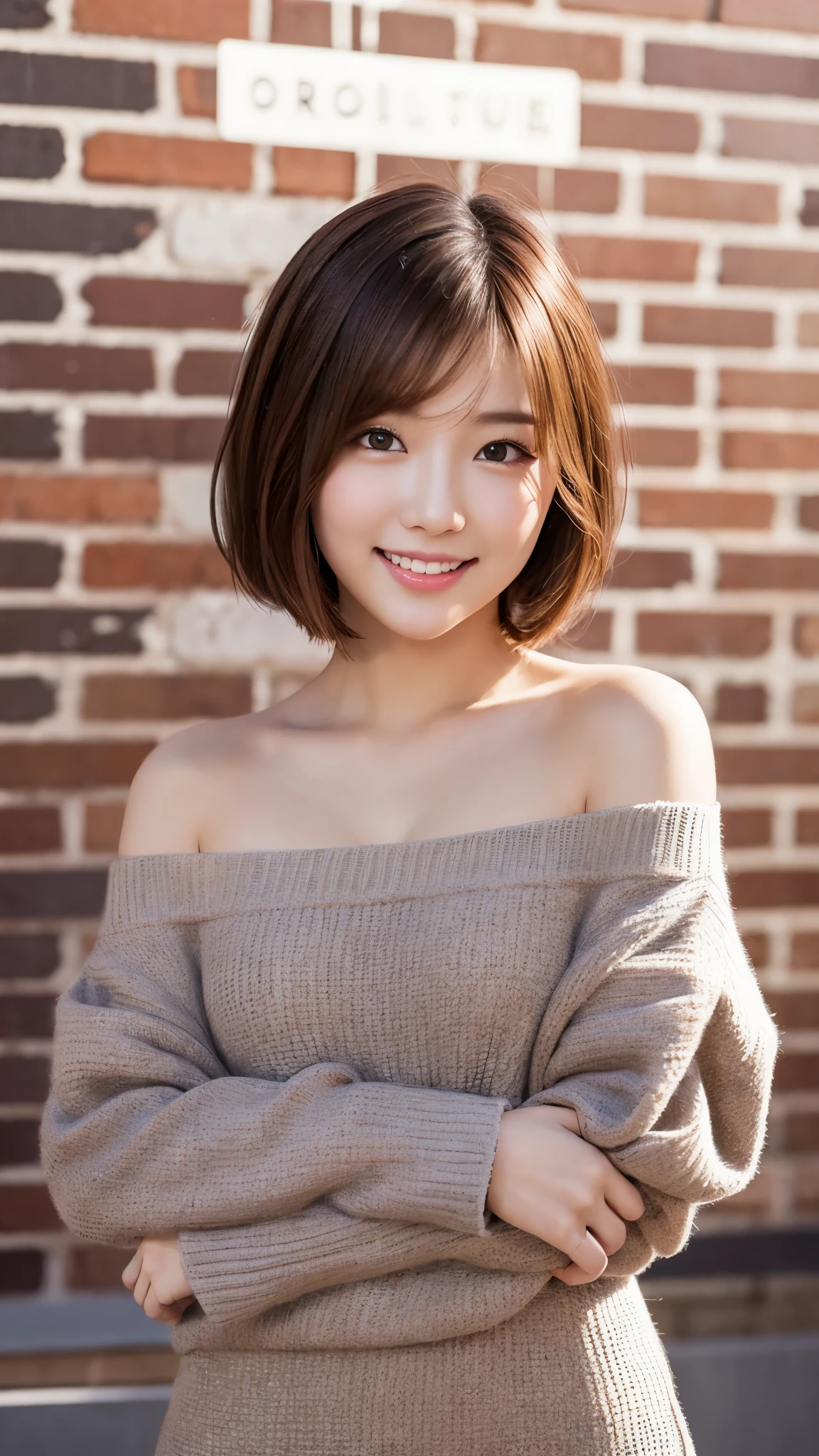 Beautiful Korean girl with good style、white and beautiful skin、short height、brown hair、bob cut hair、reddish brown eyes、slanted eyes、thin eyebrows、thick lips、smile、fancy clothes、Fashion Model、brick background、