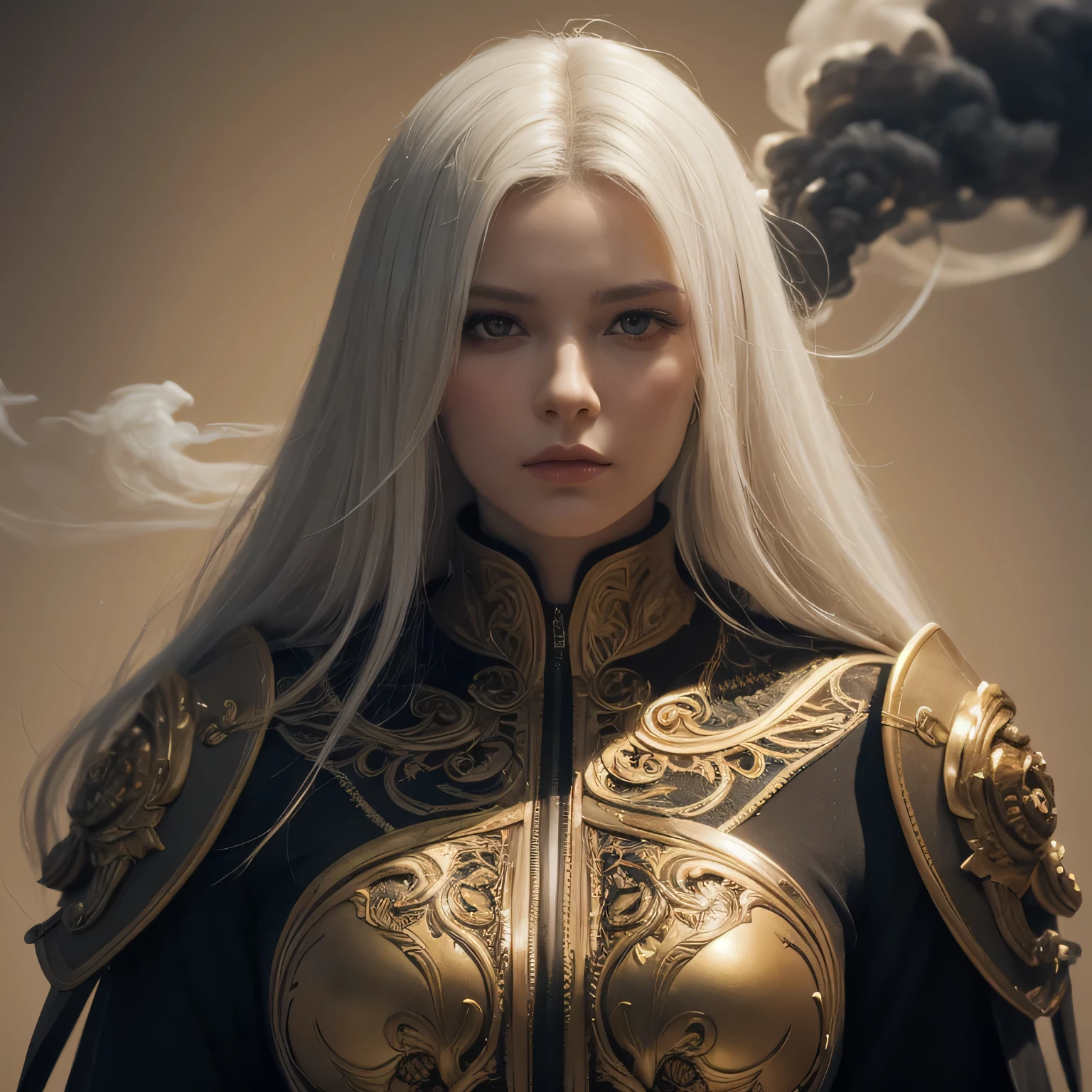 portrait, Beautiful woman, gray hair, gorgeous dress, (long hair wavy like smoke):0.85 , confident look, become familiar with, 16k, SF, Complex aRtwoRk masteRpiece, bad luck, matte paint movie poster, golden ratio, Trending on CGsociety, Complex, wonderful, Trending at Art Station, Written by Art Germ, H. R. Giger and Beksinski, HigHly become familiar with, lively, production movie character rendering, Super high quality model:1
