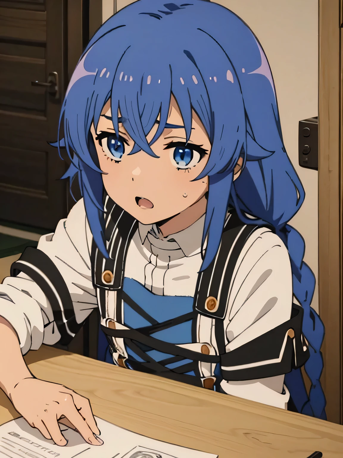 music_Migurdia(Mushoku Tensei)、1 girl, masterpiece、quality、blue eyes、dark blue hair、double blade}、{Calm}、{gains}、{{Kurta}}、Sartori、{Calm}、poker face、looking at the audience、{Low - Angle}, {lower body}、national foundation, {{sexy}}、put your hand inside your panties,spread your legs,white panties,