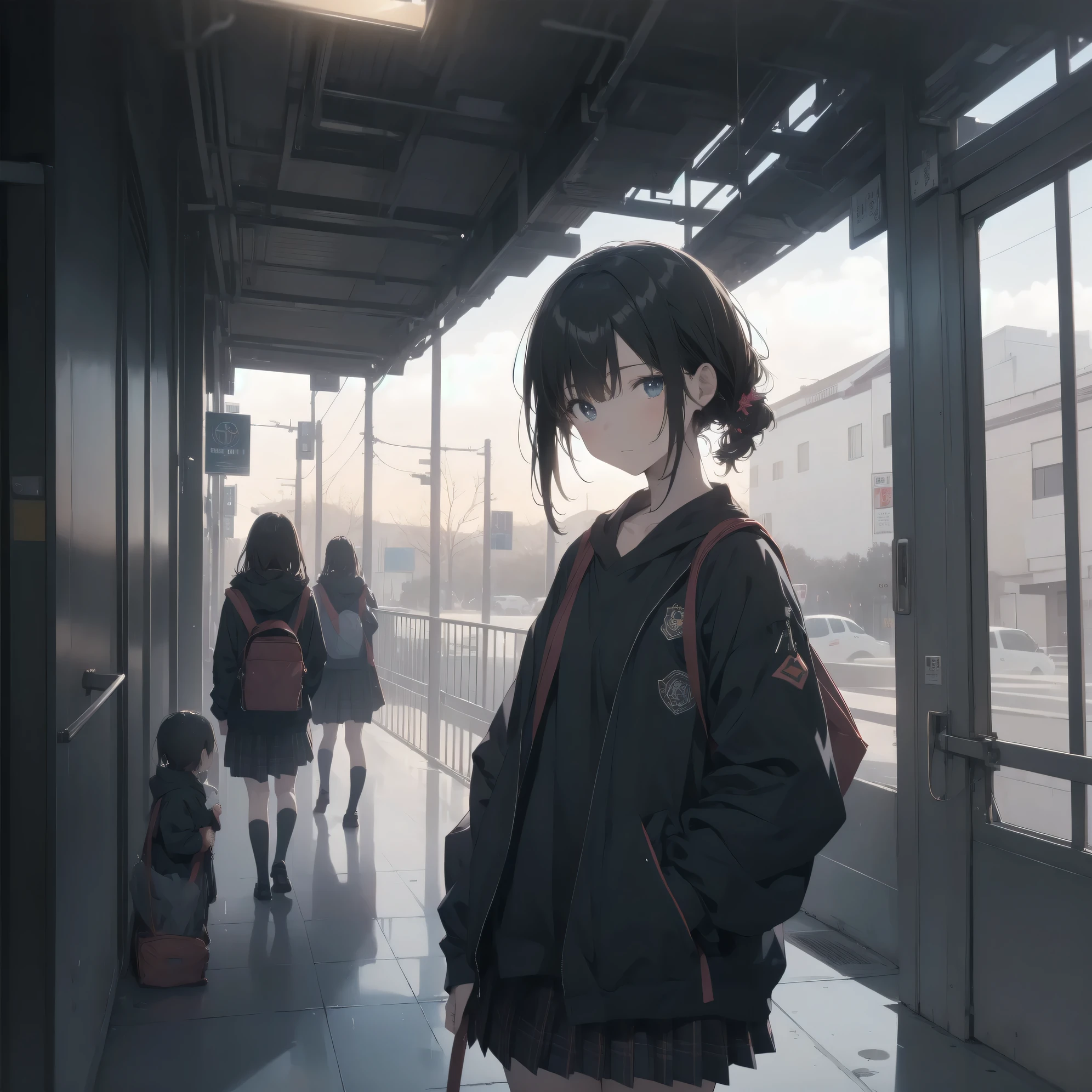 Super absurd quality by the god of art, super detailed, High resolution, anime moe art style, Best Anime 8K Kona-chan Wallpaper, pixiv contest winner, perfect anatomy, break,(眠そうにalone学校へ行く女の子を描いてください. )break,1 girl, (alone, woman, baby fears old:1., full finger,, The charm of an immature body, (very short hair), bangs, flat chest, Small Bodysuits, small ass, between legs, small black eyes, detailed and beautiful eyes, Well-proportioned iris and pupils, expressive eyes, sleepy eyes, High resolutionの詳細な髪, hair ornaments, skirt, collared shirt, pleated skirt, school uniform, school bag,(detailed lighting), (detailed background), On the way to school. break,super dense skin, Best movie lighting by famous artists, 8k,cute illustration,photoshop_(Moderate),Absurd Hi-Res,Hmm,rough skin