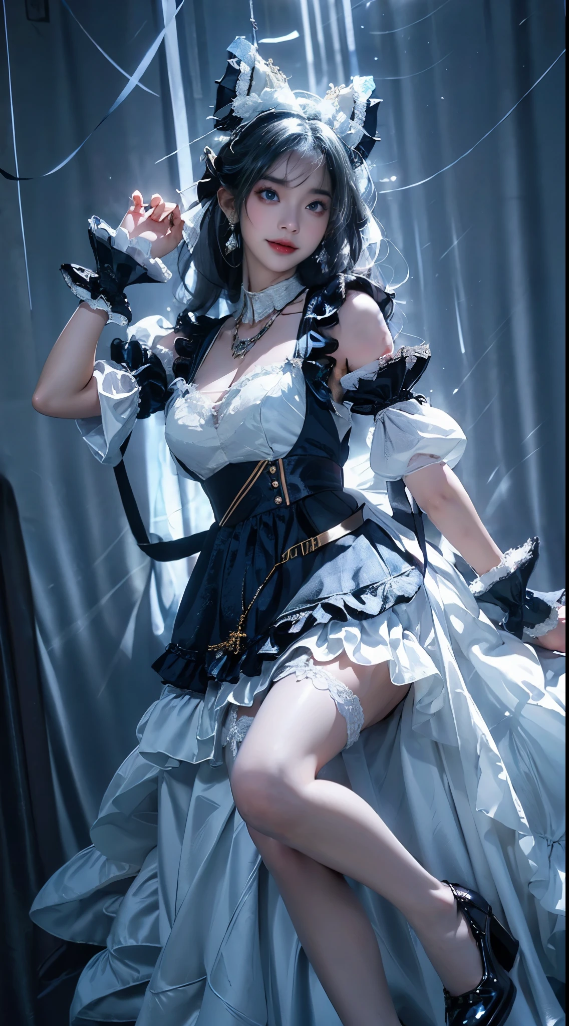 cheshire cosplay costume, cosplay,ribbon,animal ears,high heels,garter straps,wrist cuffs, ((knee shot)), 8k, masterpiece, original photo, best quality, detail:1.2), ((Shot at random angles)), lifelike, Extremely detailed CG unified 8k wallpapers, depth of field, movie light, lens flare, Ray tracing, (extremely beautiful face, beautiful lips, beautiful eyes), intricate detail face, ((ultra detailed skin)) 1 girl, in the darkness, deep shadow, beautiful korean girl, kpop idol,(Very slim figure:1.3), plump breasts, (bright smile), (City night, (neon lights), (night), beautiful korean girl, white diamond earrings, diameter bracelet, Dia Necklace, clear eyes, Walk, (big eyes), right hand, anatomically correct