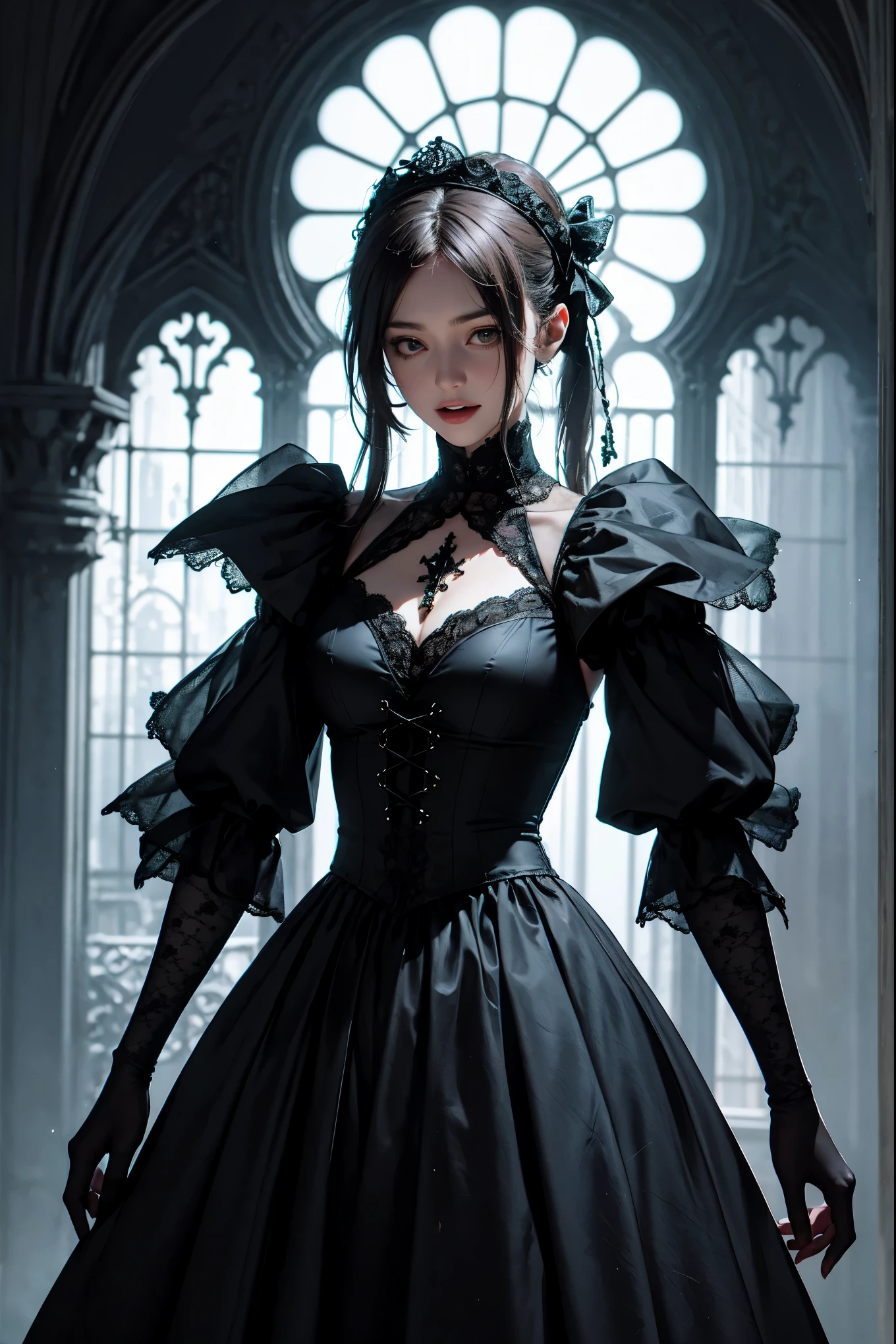 Unity 8k wallpaper, super detailed, beautiful, masterpiece, aesthetic, best quality,
darkness, atmosphere, mystery, romanticism, creepy, literature, art, fashion, victorian, decoration, intricacies, ironwork, lace, contemplation, emotional depth, supernatural,
1 girl, solo, neck, elaborately designed gothic clothes, gothic, transparent outfit, transparent gothic clothes, laughing