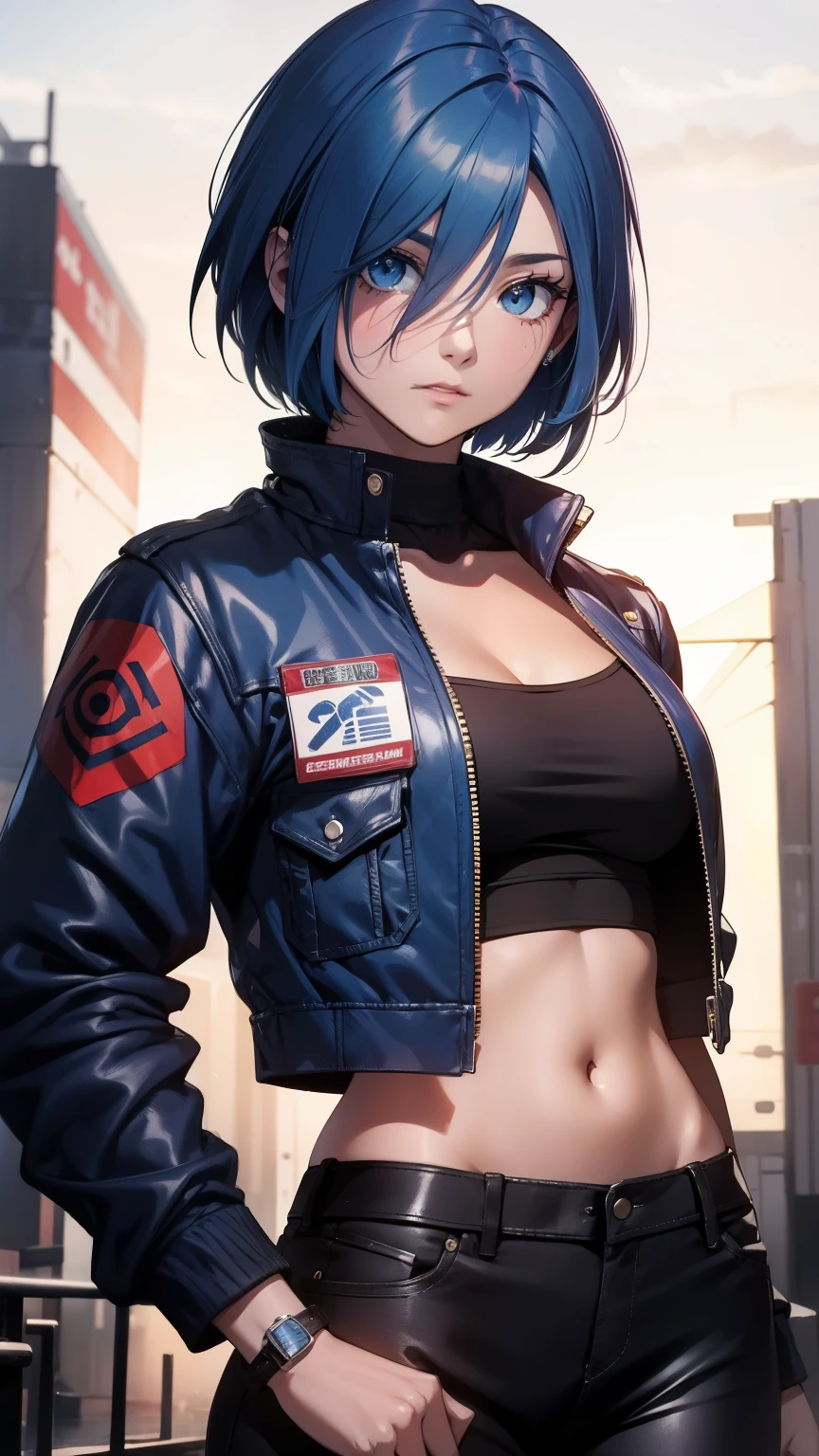 Obra-prima,Detalhado,High resolutions:1.4) , Foto del modelo, fechar, Rosto detalhado, Olhos finos e detalhados,, (Kirishima Touka),medium blue hair,ojo ghoul,retro jacket,Tokyo Ghoul,Fundo retrofuturista, cores vibrantes, hdr,, ,