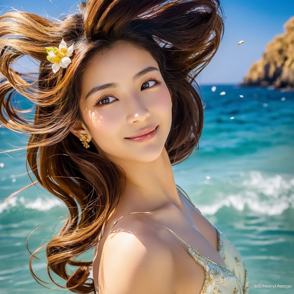 by the sea, in a setting that seems painted by the gods, a charming Japanese woman takes her place in front of the camera. Your face is a masterpiece sculpted with the delicacy of an angel, radiante e perfeito em cada detalhe. A bright smile adorns your lips, invoking the very essence of a goddess of beauty. Your traits, dignos de um quadro renascentista, cativam todos os olhares com sua harmonia divina. Sua pele, Soft as rose petals and enchanting as a love song, It's an irresistible temptation. Diante dela, nature itself bows in reverence, recognizing her as the embodiment of sublime beauty , maximum quality