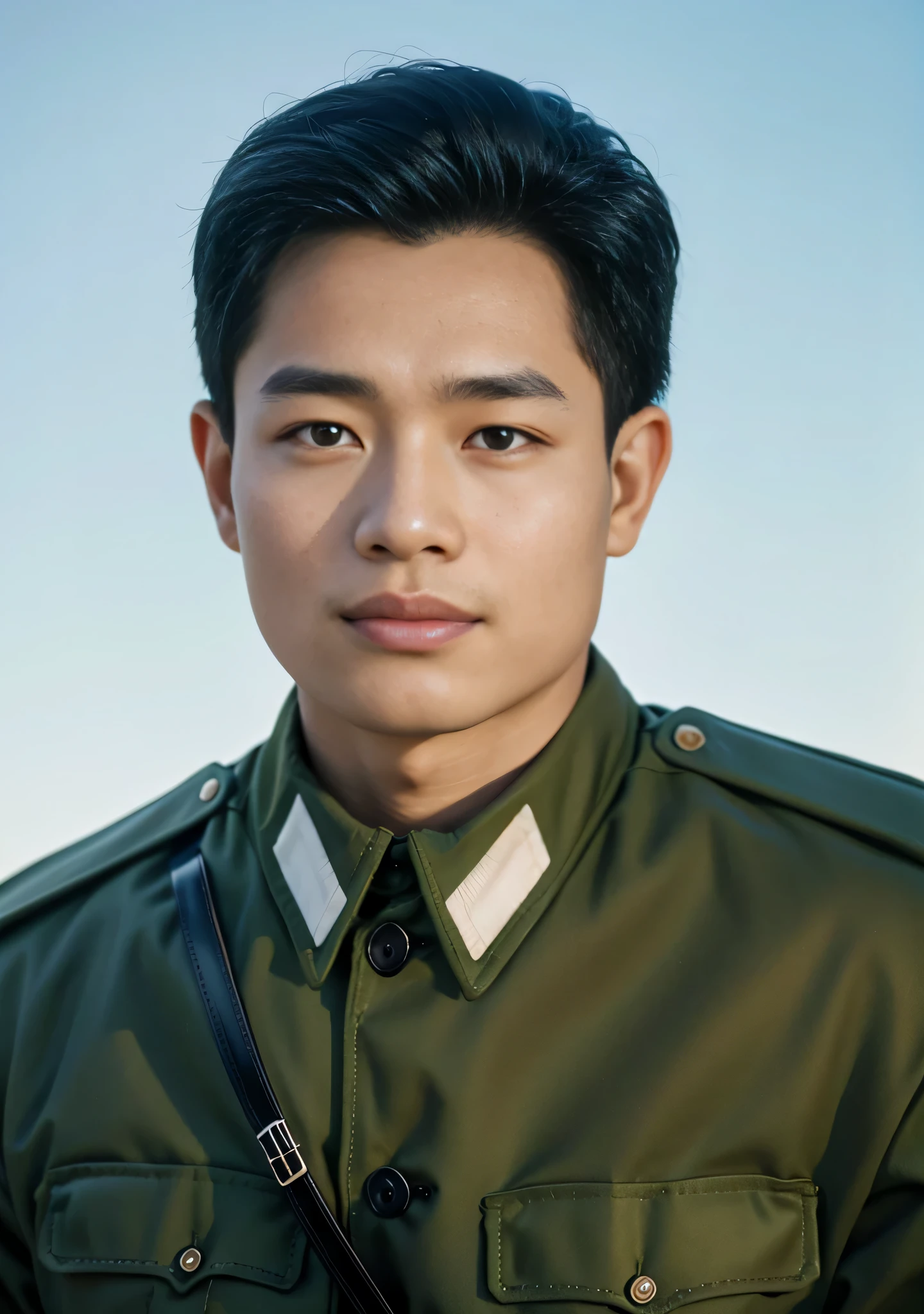 Highly realistic photo, ((masterpiece), (best quality), (raw photo), (photorealistic:1.4), Portrait of Vietnamese soldiers in 1975, 27 years olds, ((wearing green uniforms)), ((light blue background)), photo taken by Sony A7IV