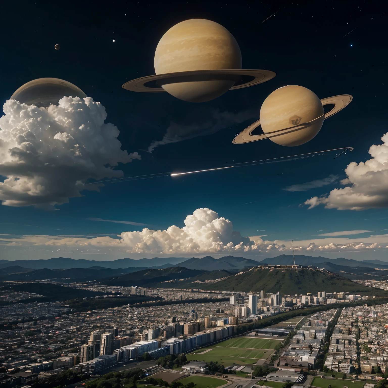 There is a tree nearby、The sky is clear and there are clouds、Saturn is slightly visible in the sky、Down in the distance、I can see the buildings of the future