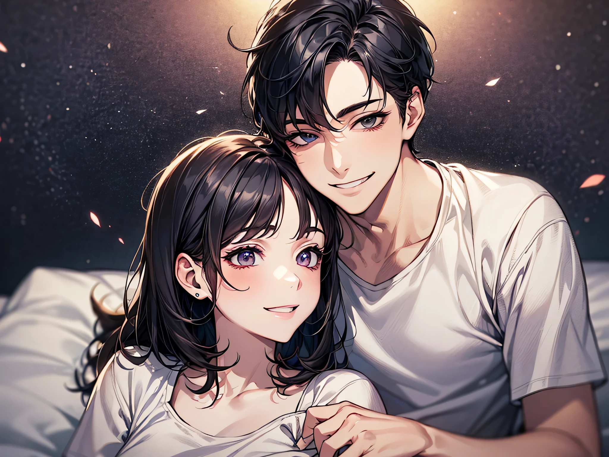 (night),male,masterpiece, high quality, hd,perfect lighting, detailed face, detailed body, short black hair, white t-shirt, (smile: 1.5), sitting, bed,vampire,couple,being held from behind