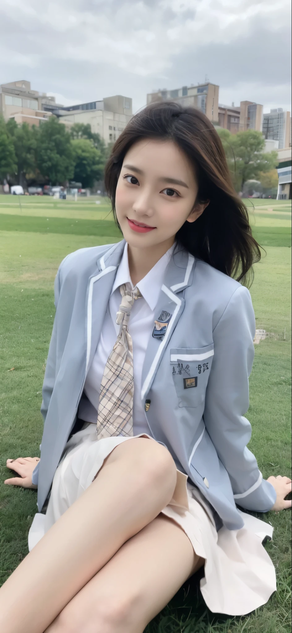 ((​Masterpiece, Top image quality, high resolution、alone、skin shiny))(on the table, best quality, actual, super detailed, meticulous, high resolution, 8k wallpaper), Close-up portrait of a beautiful woman, like, smiling, light brown messy hair, Perfect dynamic composition, 美丽meticulous的眼睛, Just like the cover of a fashion magazine, on campus，Gorgeous costumes，hot stamping clothing，