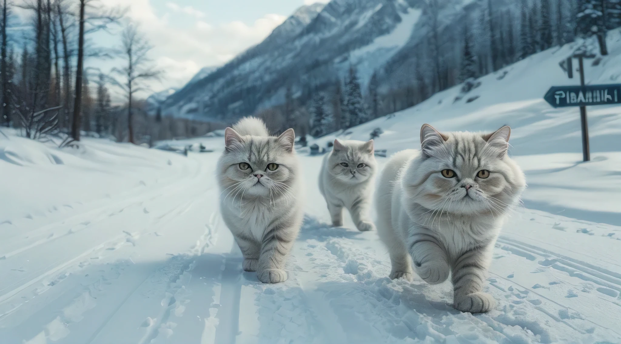 (masterpiece, best quality, photorealistic, ultra-detailed:1.2), beautiful Persian cats walking on a very wide cross-country ski track in perfect condition, partly on the track there is a sign with the writing "Piancavallo", hyper-realistic high resolution photo