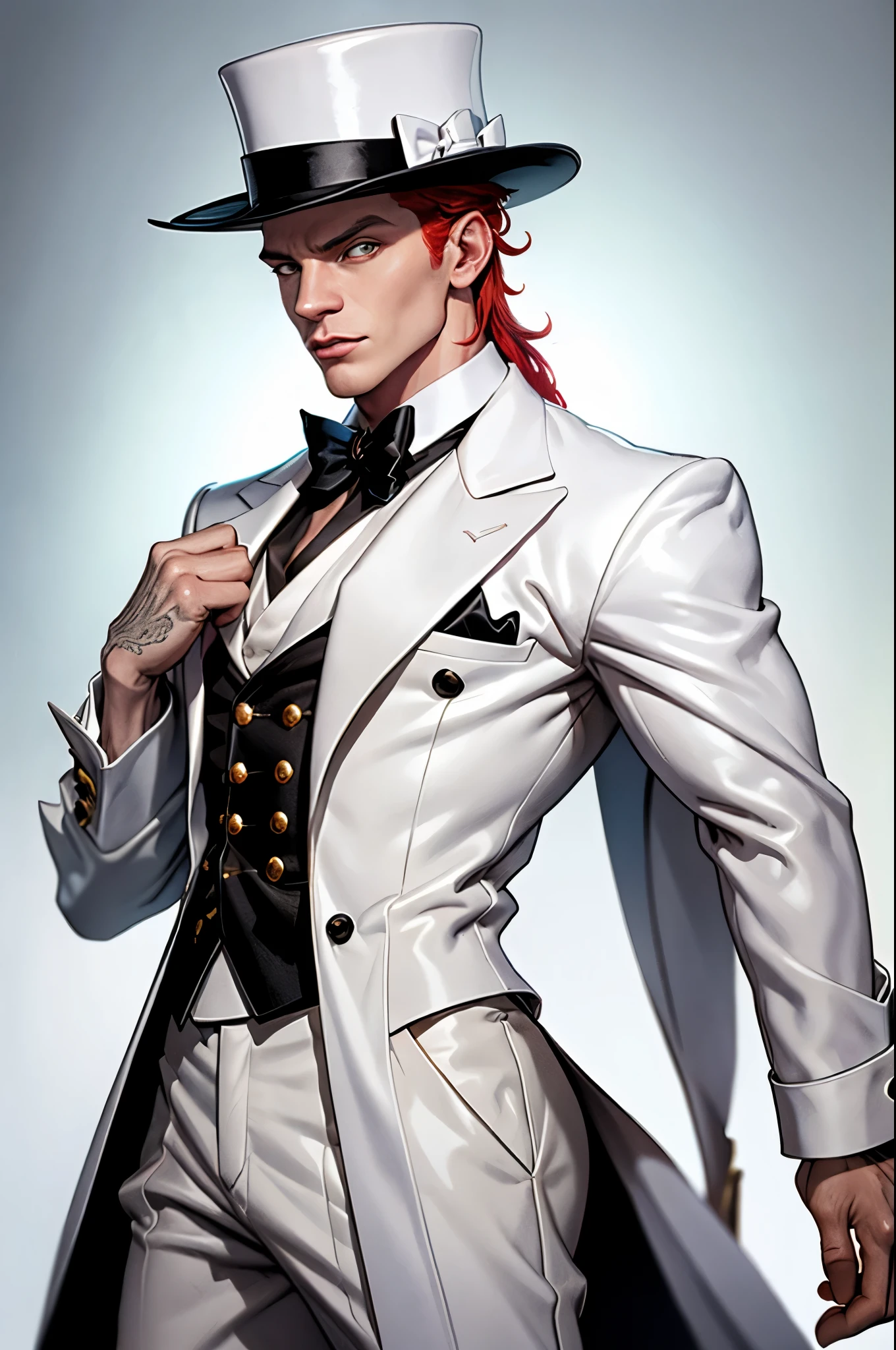 1homem jovem, only, vampiro, beautiful appearance, elegante, redhead, pele bem clara, strong but not very muscular physique, wearing white tuxedo with jacket and top hat