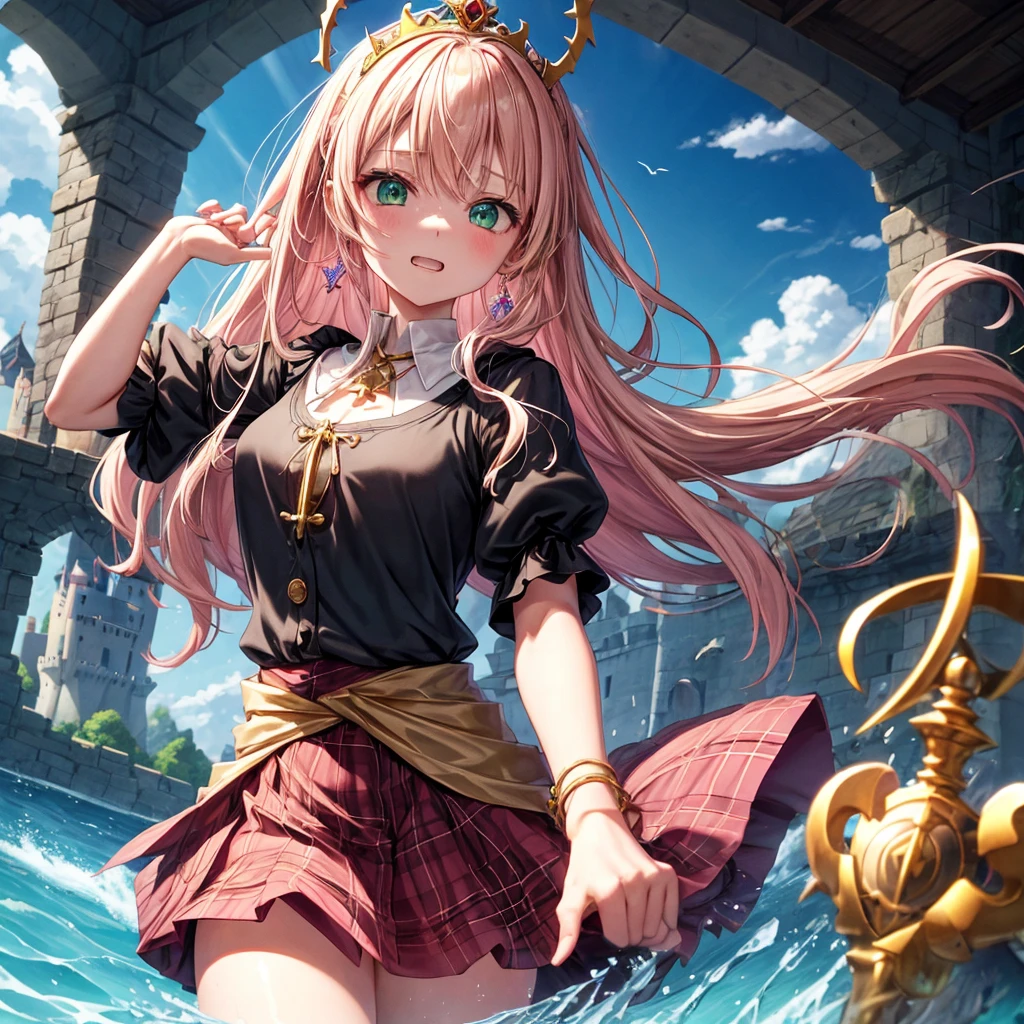 pink blonde、green eyes、one good looking girl、solo、anime、plaid mini skirt、the skirt has buttons、black camisole、black t-shirt、dress、wearing a ribbon、ribbon at waist、cloak、hood、clouds are swirling、stone slabs are piled up、one hand raised、crystal earrings、sun、teeth are visible、splash of water、monster castle、have a world map、ceiling、golden key、jewelry necklace、tiara、Light and shadow