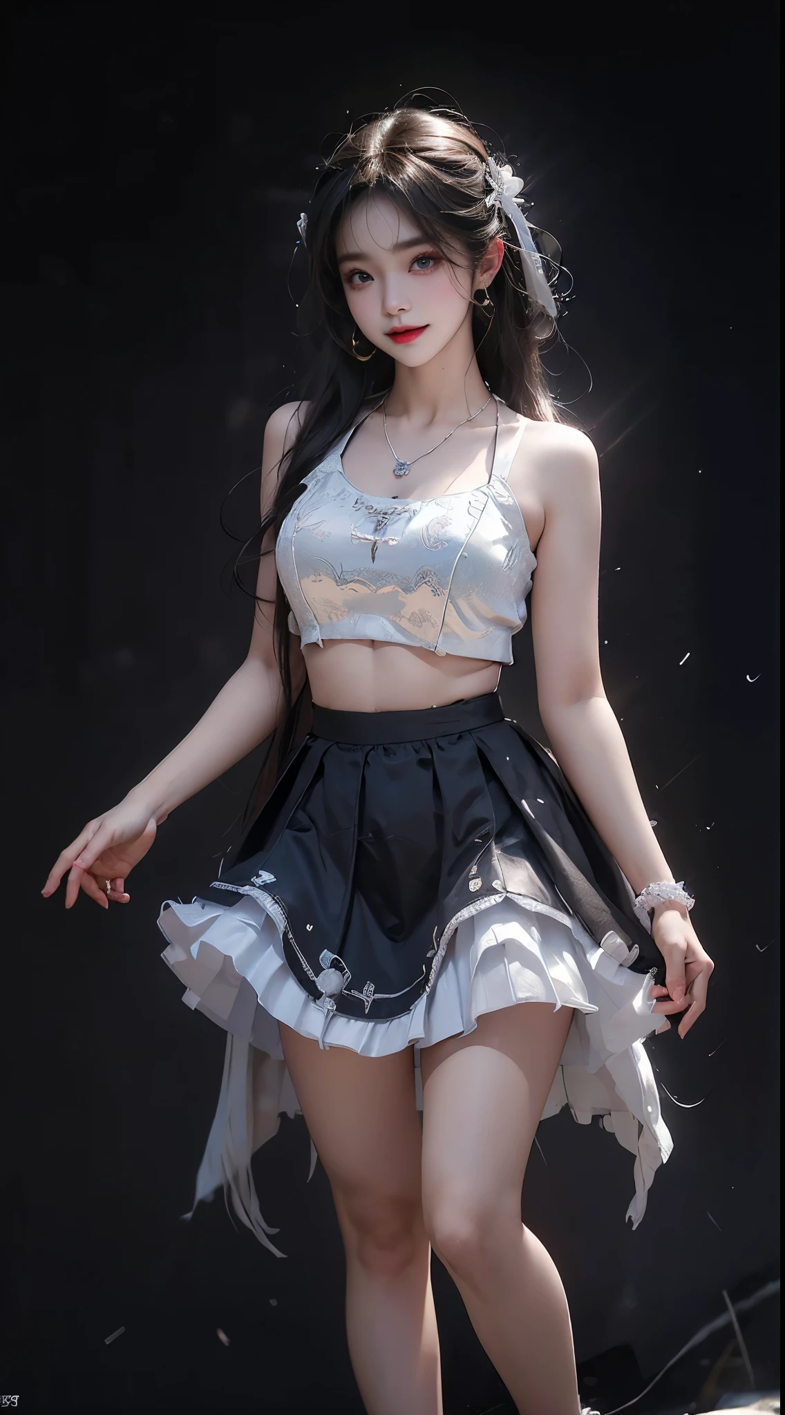 yuicere,midriff,white_skirt,  ((knee shot)), 8k, masterpiece, original photo, best quality, detail:1.2), ((Shot at random angles)), lifelike, Extremely detailed CG unified 8k wallpapers, depth of field, movie light, lens flare, Ray tracing, (extremely beautiful face, beautiful lips, beautiful eyes), intricate detail face, ((ultra detailed skin)) 1 girl, in the darkness, deep shadow, beautiful korean girl, kpop idol,(Very slim figure:1.3), plump breasts, (bright smile), (City night, (neon lights), (night), beautiful korean girl, white diamond earrings, diameter bracelet, Dia Necklace, clear eyes, Walk, (big eyes), right hand, anatomically correct