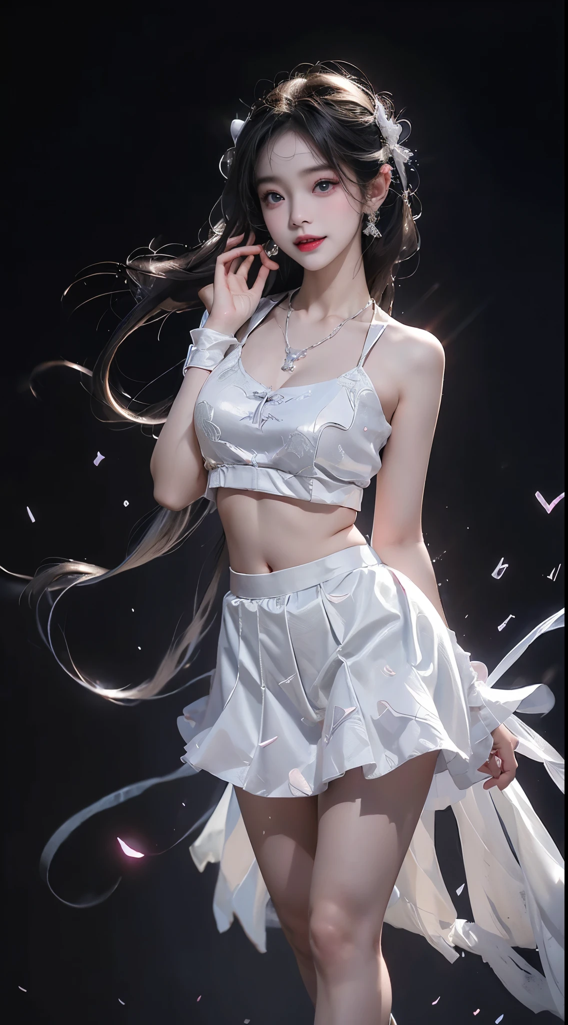 yuicere,midriff,white_skirt,  ((knee shot)), 8k, masterpiece, original photo, best quality, detail:1.2), ((Shot at random angles)), lifelike, Extremely detailed CG unified 8k wallpapers, depth of field, movie light, lens flare, Ray tracing, (extremely beautiful face, beautiful lips, beautiful eyes), intricate detail face, ((ultra detailed skin)) 1 girl, in the darkness, deep shadow, beautiful korean girl, kpop idol,(Very slim figure:1.3), plump breasts, (bright smile), (City night, (neon lights), (night), beautiful korean girl, white diamond earrings, diameter bracelet, Dia Necklace, clear eyes, Walk, (big eyes), right hand, anatomically correct