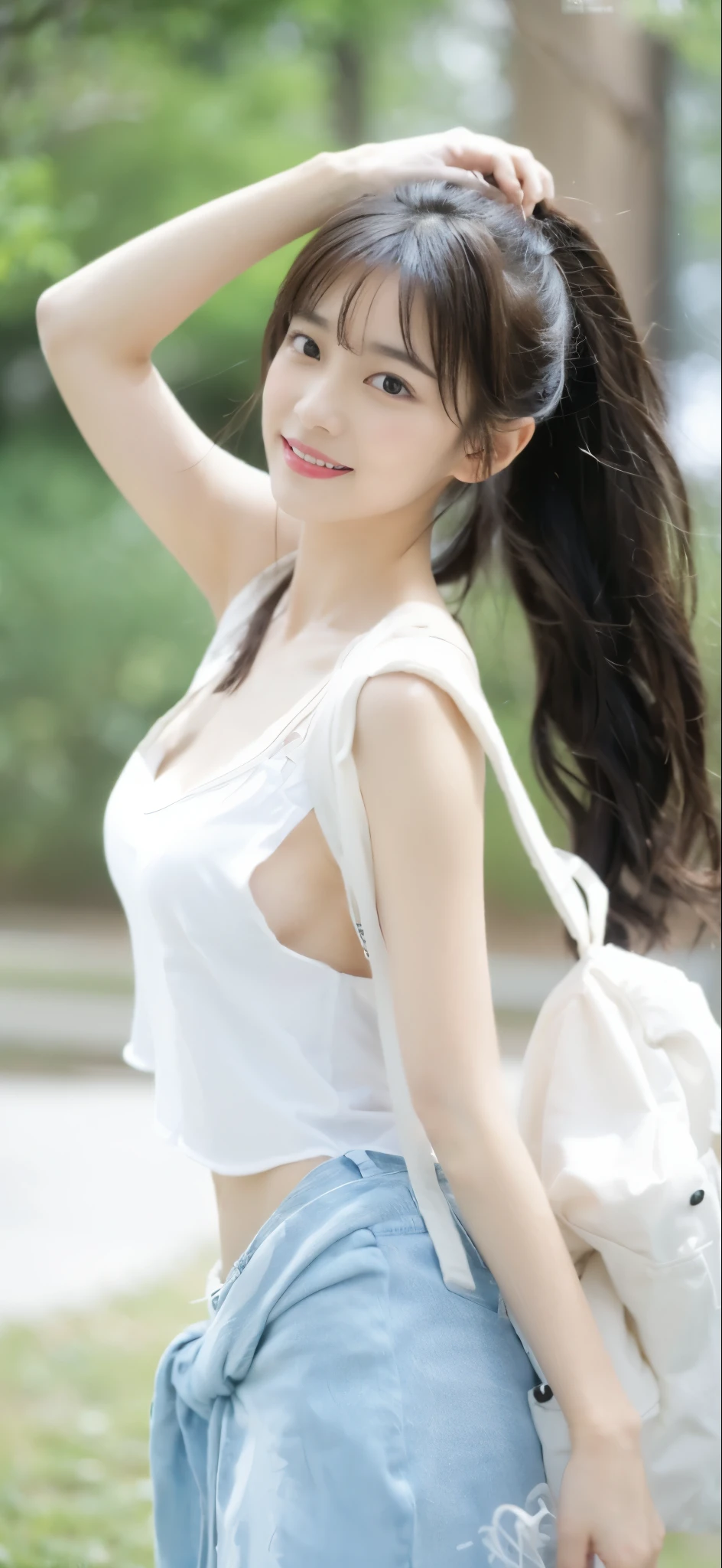 ((​Masterpiece, Top image quality, high resolution、alone、skin shiny))(on the table, best quality, actual, super detailed, meticulous, high resolution, 8k wallpaper), Close-up portrait of a beautiful woman, like, smiling, light brown messy hair, Perfect dynamic composition, 美丽meticulous的眼睛, Just like the cover of a fashion magazine, on campus，Gorgeous costumes，hot stamping clothing，