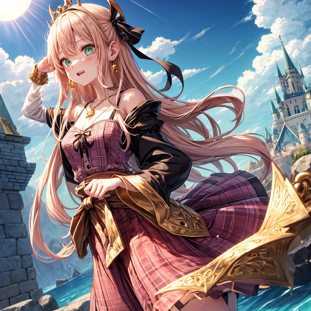 pink blonde、green eyes、one good looking girl、solo、anime、plaid mini skirt、the skirt has buttons、black camisole、black t-shirt、dress、wearing a ribbon、ribbon at waist、cloak、hood、clouds are swirling、stone slabs are piled up、one hand raised、crystal earrings、sun、teeth are visible、splash of water、monster castle、have a world map、ceiling、golden key、jewelry necklace、tiara、Light and shadow