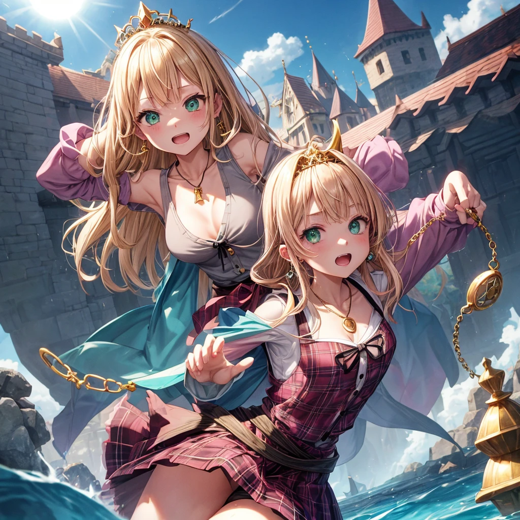 pink blonde、green eyes、one good looking girl、solo、anime、plaid mini skirt、the skirt has buttons、black camisole、black t-shirt、dress、wearing a ribbon、ribbon at waist、cloak、hood、clouds are swirling、stone slabs are piled up、one hand raised、crystal earrings、sun、teeth are visible、splash of water、monster castle、have a world map、ceiling、golden key、jewelry necklace、tiara、Light and shadow