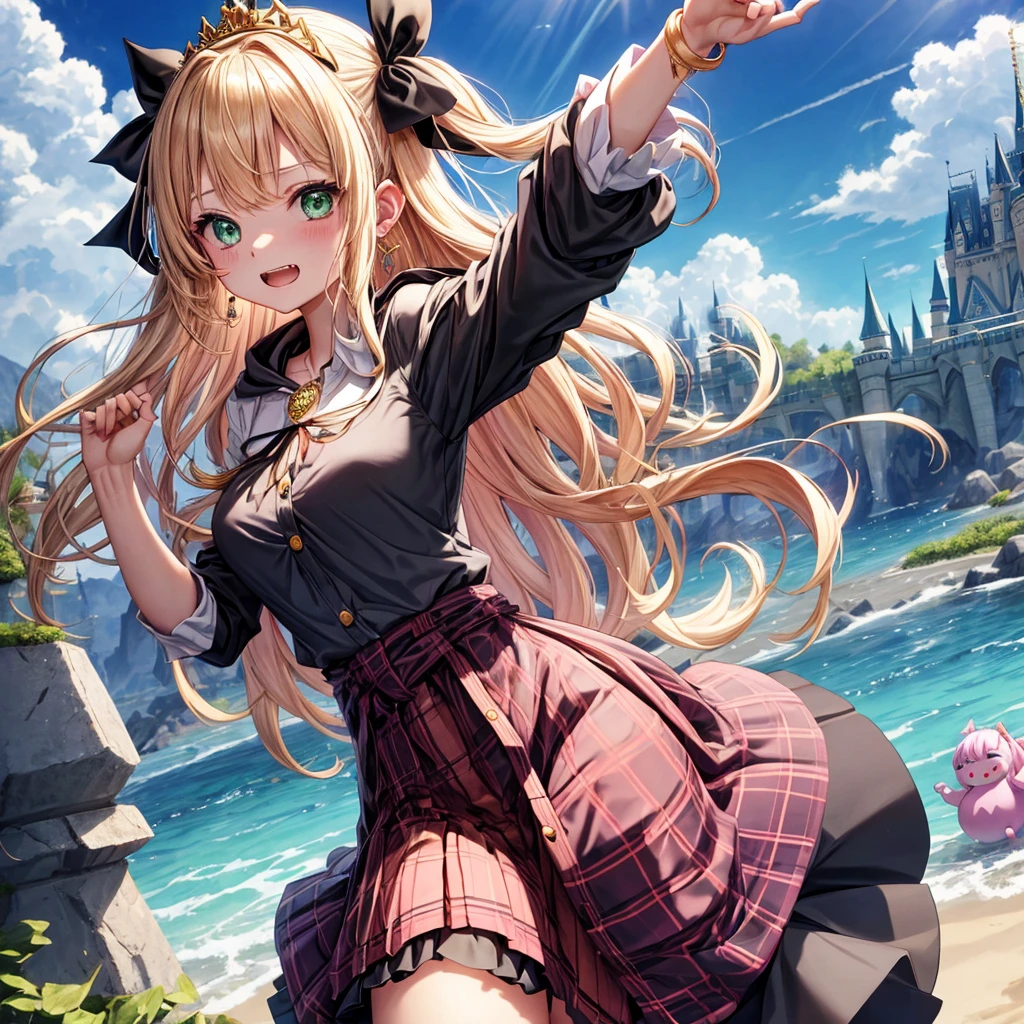 pink blonde、green eyes、one good looking girl、solo、anime、plaid mini skirt、the skirt has buttons、black camisole、black t-shirt、dress、wearing a ribbon、ribbon at waist、cloak、hood、clouds are swirling、stone slabs are piled up、one hand raised、crystal earrings、sun、teeth are visible、splash of water、monster castle、have a world map、ceiling、golden key、jewelry necklace、tiara、Light and shadow
