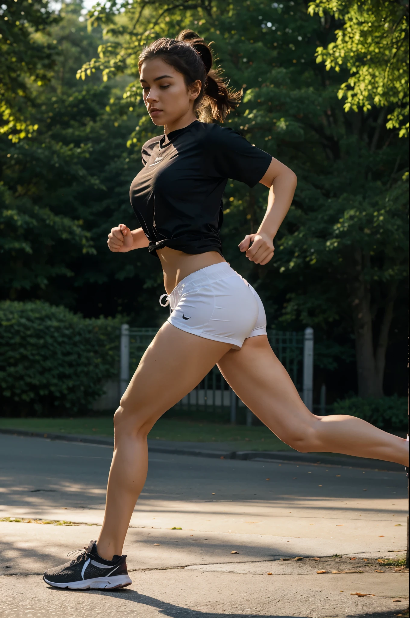 hyper-realistic image of a young woman, approximately 23 years old, running on a park road during the morning. The woman should be captured in a dynamic running pose, with one leg extended forward and the other slightly bent. The image should emphasize her attractive facial features, well-toned body, and a sense of confidence. Please ensure that the lighting reflects the serene atmosphere of a morning run in the park.