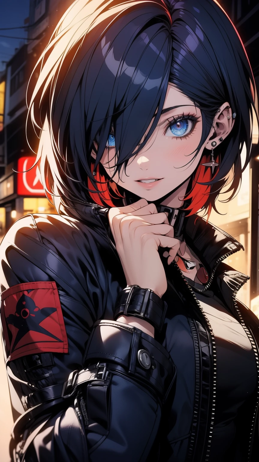 Obra-prima,Detalhado,High resolutions:1.4) , Foto del modelo, fechar, Rosto detalhado, Olhos finos e detalhados,, (Kirishima Touka),medium blue hair,ojo ghoul,retro jacket,Tokyo Ghoul,Fundo retrofuturista, cores vibrantes, hdr,, ,