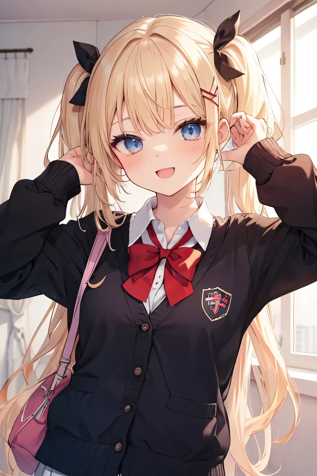 blonde blue eyes、 girl、small breasts、twin tails、laughter、Nico Nico Smile、uniform、I&#39;m wearing a knit cardigan、winking、 girl、Looks like a 15 year old、Petan Musume、short、A childhood friend who comes to wake you up in the morning