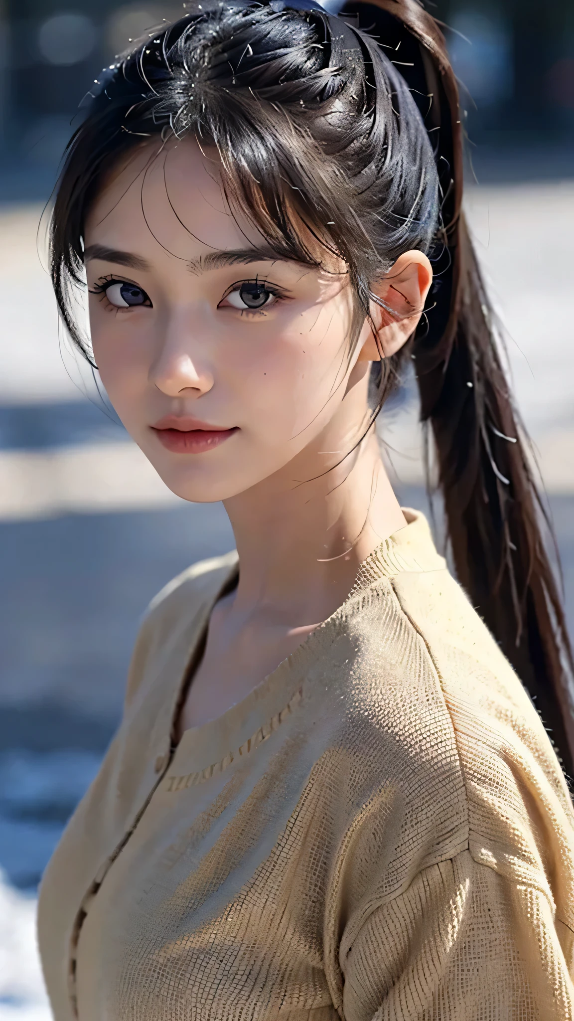One woman,fully body photo,masutepiece, The highest image quality, High quality, the background is clear,Beautiful woman, Japanese, Detailed, Detailed eyes, Detailed skin, Beautiful skin, 超hight resolution, (reality: 1.4),Very beautiful woman, Slightly younger face, Beautiful skin, slender, (Ultra photo realsisim), (hight resolution), (8K), (Very detailed) (beautifully detailed eyes), (super detailed), (Detailed face), view the viewer, Fine details, Detailed face, Staring straight ahead, Staring straight ahead, photos realistic, Bright lighting, Professional Lighting, Black hair,poneyTail,a baby face,sixteen years old,Hairstyle is ponytail,long ponytail hairstyle,slight smile,neat and tidy clothing,European Streets,winter Clothing,snowing,