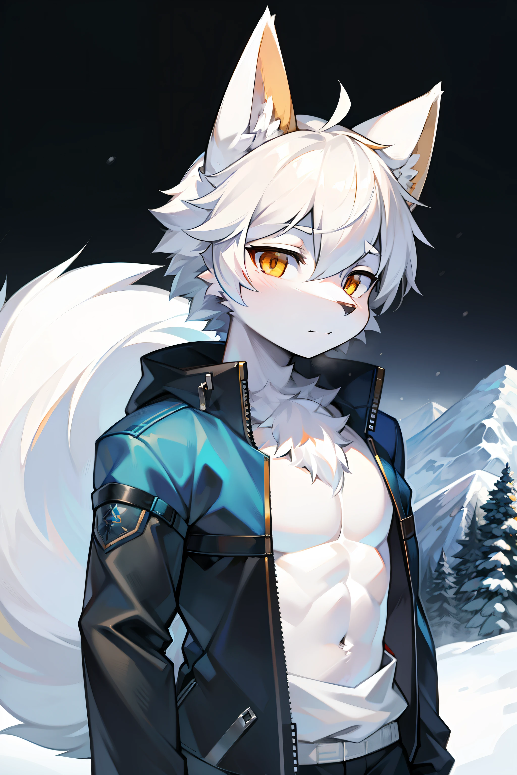 Snowy mountains Snow,full bodyesbian,Young Wolf,figure,tmasterpiece,Blue down jacket,Furry tail,Highest image quality,8K,Full HD background,Cartoony,adolable,komono,male people,a plush,Furry,White fur,White body,blue ear,Orange-yellow eyes,solo person, Wolf tail, Wolf ears, ((half-body portrait)),Soft lines,Soft lines of clothing