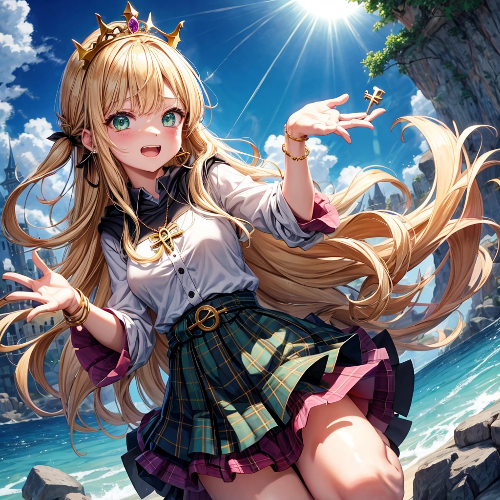 pink blonde、green eyes、one good looking girl、solo、anime、plaid mini skirt、the skirt has buttons、black camisole、black t-shirt、dress、wearing a ribbon、ribbon at waist、cloak、hood、clouds are swirling、stone slabs are piled up、one hand raised、crystal earrings、sun、teeth are visible、splash of water、monster castle、have a world map、ceiling、golden key、jewelry necklace、tiara、Light and shadow