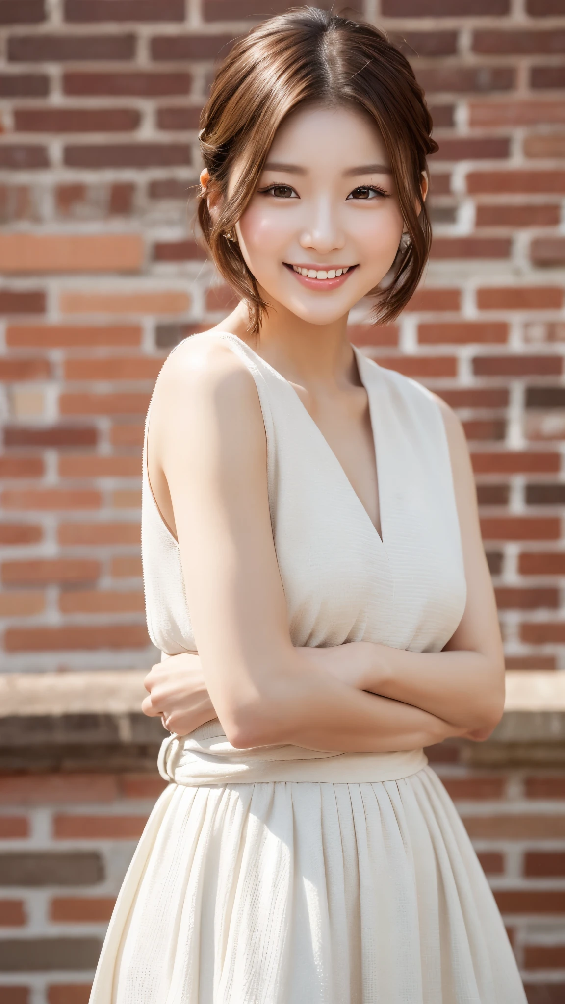 Beautiful Korean girl with good style、white and beautiful skin、short height、brown hair、braided short hair、reddish brown eyes、slanted eyes、thin eyebrows、thick lips、smile、fancy clothes、Fashion Model、brick background、