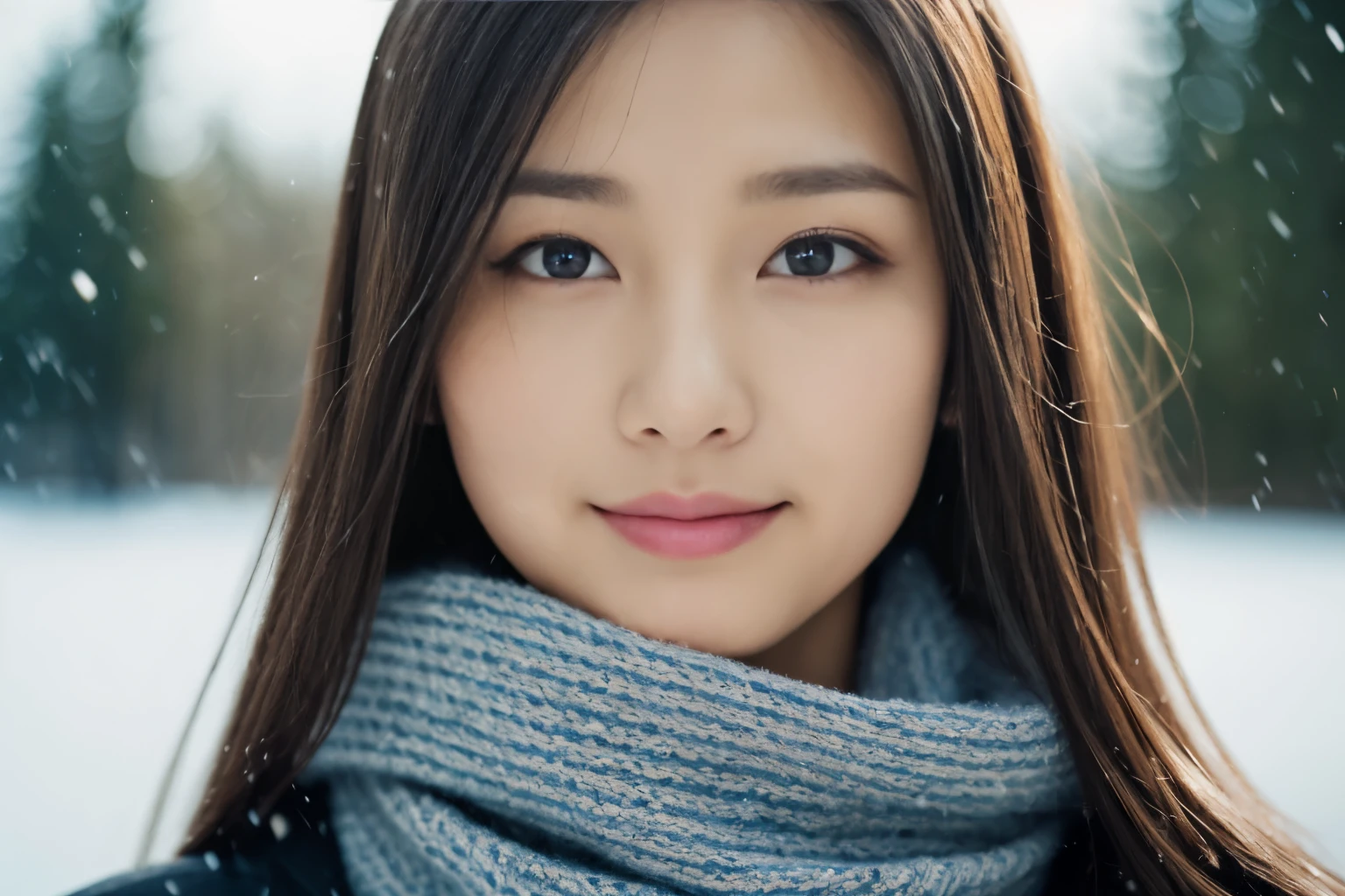((show only the face、close up of face))、(realistic、Photoreal、Super detailed、best detailed skin、highest quality、masterpiece、超A high resolution)、cute japanese woman、17 years old、high school girl、young girl、no makeup、have bangs、double eyelid、big black eyes、Japanese style face、smile、realistic肌タイプ、thick muffler、Gray muffler、fluffy hair、((scarf hair:1.3))、The wind is blowing、that'It's snowing、illumination、lighting from behind