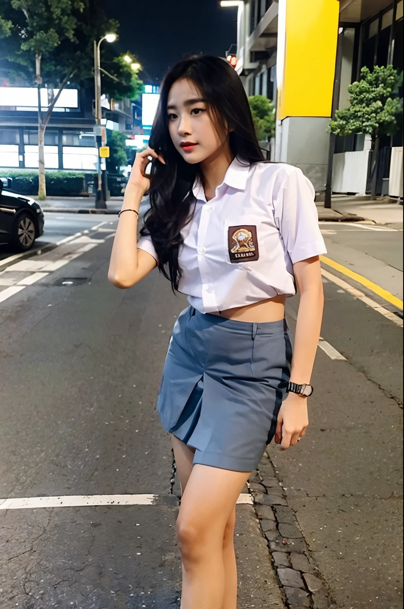 ((slow speed photography style)), night atmosphere, f-stop 1/4 ISO100 f/8, photo of a beautiful korean female model whose face is made up miss queen style, straight hair, wearing 40cm high heels, long legh, tall body posture, big_, super slimwaist, wide_pads big_buttocks, standing pose in a edge street of city, detailed beautiful and graceful face with flawless makeup, wearing white shirt, dark gray mini skirt (indonesian school uniform), perfect anatomy, hyperrealistic, hd 8k
