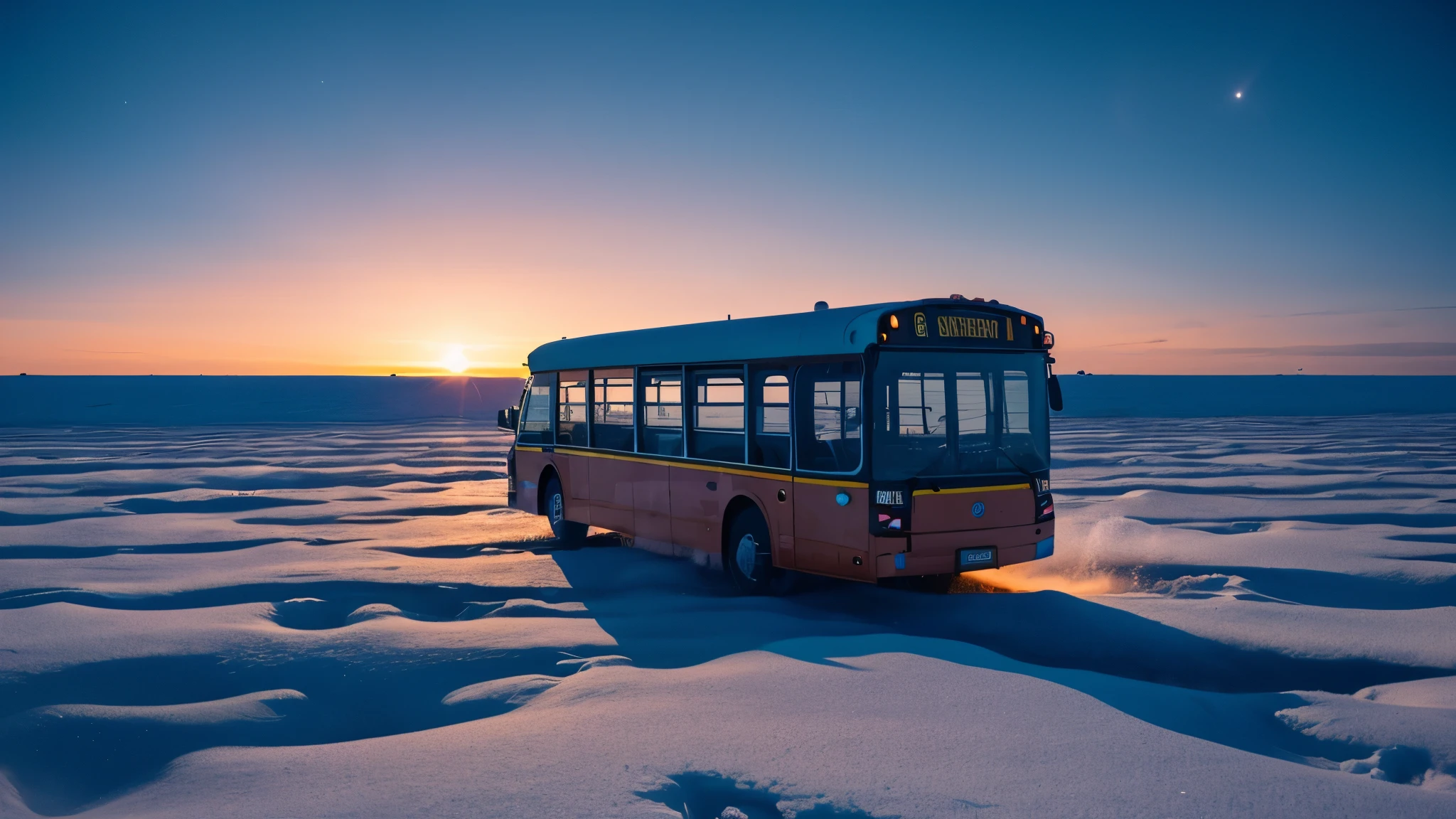 Kindergarten bus running on a vast sea of drift ice at night