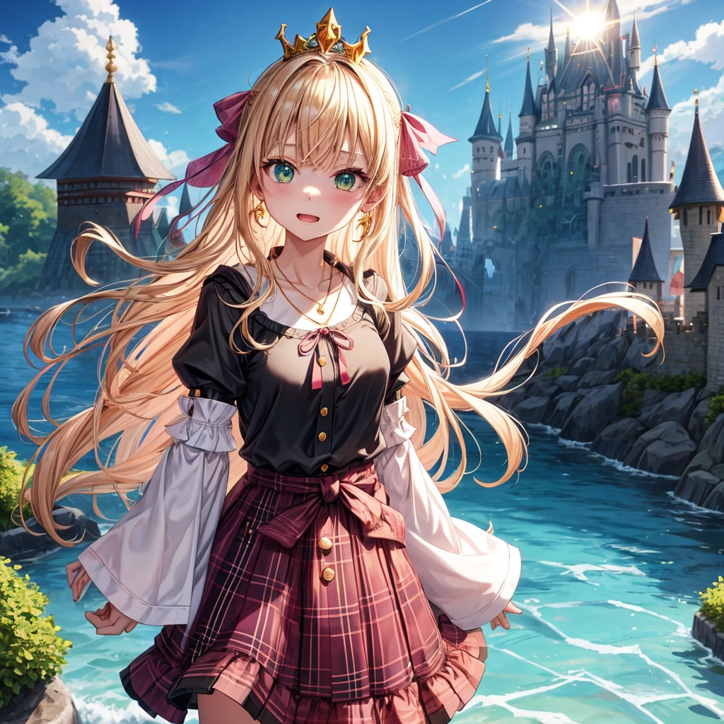 pink blonde、green eyes、one good looking girl、solo、anime、plaid mini skirt、the skirt has buttons、black camisole、black t-shirt、dress、wearing a ribbon、ribbon at waist、cloak、hood、clouds are swirling、stone slabs are piled up、one hand raised、crystal earrings、sun、teeth are visible、splash of water、monster castle、ceiling、golden key、jewelry necklace、tiara、Light and shadow