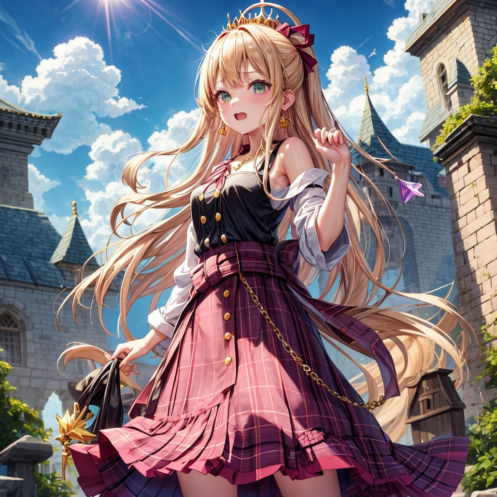 pink blonde、green eyes、one good looking girl、solo、anime、plaid mini skirt、the skirt has buttons、black camisole、black t-shirt、dress、wearing a ribbon、ribbon at waist、cloak、hood、clouds are swirling、stone slabs are piled up、one hand raised、crystal earrings、sun、teeth are visible、splash of water、monster castle、ceiling、golden key、jewelry necklace、tiara、Light and shadow