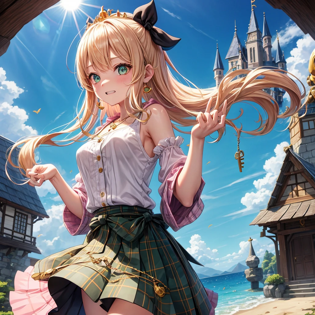 pink blonde、green eyes、one good looking girl、solo、anime、plaid mini skirt、the skirt has buttons、black camisole、black t-shirt、dress、wearing a ribbon、ribbon at waist、cloak、hood、clouds are swirling、stone slabs are piled up、one hand raised、crystal earrings、sun、teeth are visible、splash of water、monster castle、ceiling、golden key、jewelry necklace、tiara、Light and shadow