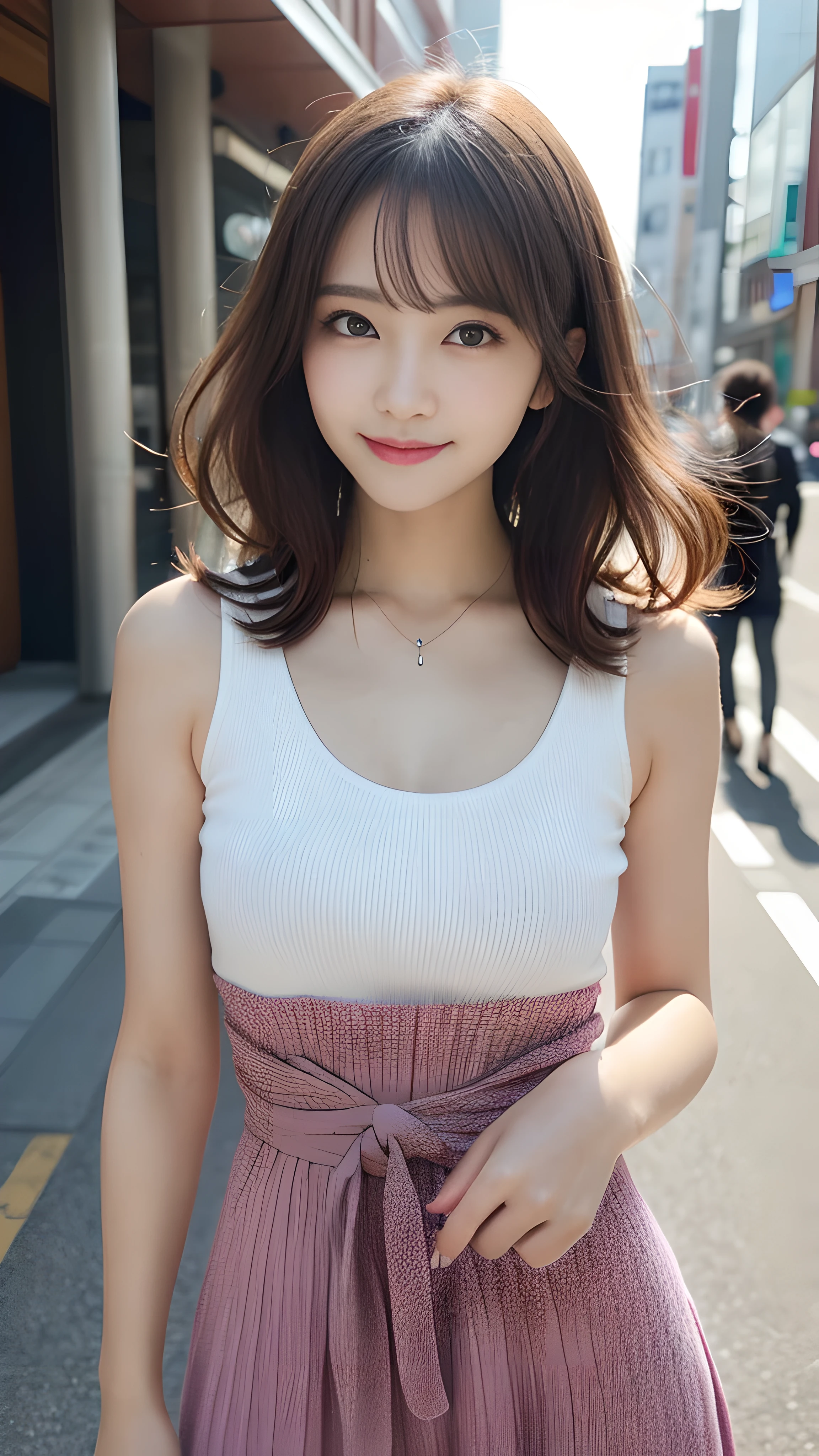 最high quality, shape, Super detailed, finely, High resolution, 8k wallpaper, 完璧なダイナミックな構shape, finelyて美しい目,wavy hair, natural color lip, bold sexy pose,笑face, 20 year old girl、cute、sexy shot looking at camera,Ultra-realistic raw photos, hostess'face、Clothes season is random, high quality、surreal、healthy、笑face、Slender perfect shape、beauty of japan、 necklace、perfect eyes beautiful skin、Upper body、The location is Shibuya, very thin waist, people々focus perfectly on, Hair color is random