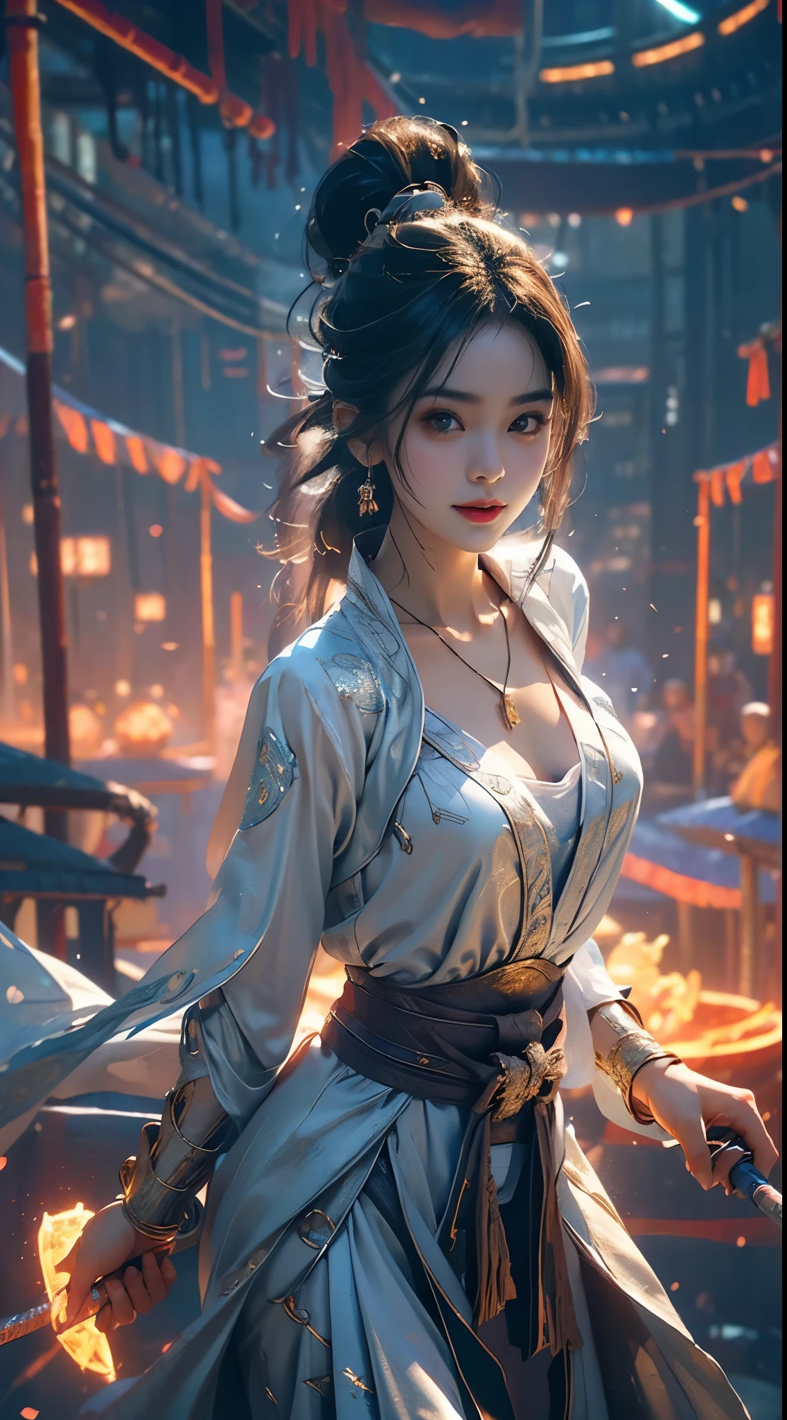 weapon,cleavage,(magic circle:1.1),xiuxian, ((knee shot)), 8k, masterpiece, original photo, best quality, detail:1.2), ((Shot at random angles)), lifelike, Extremely detailed CG unified 8k wallpapers, depth of field, movie light, lens flare, Ray tracing, (extremely beautiful face, beautiful lips, beautiful eyes), intricate detail face, ((ultra detailed skin)) 1 girl, in the darkness, deep shadow, beautiful korean girl, kpop idol,(Very slim figure:1.3), plump breasts, (bright smile), (City night, (neon lights), (night), beautiful korean girl, white diamond earrings, diameter bracelet, Dia Necklace, clear eyes, Walk, (big eyes), right hand, anatomically correct