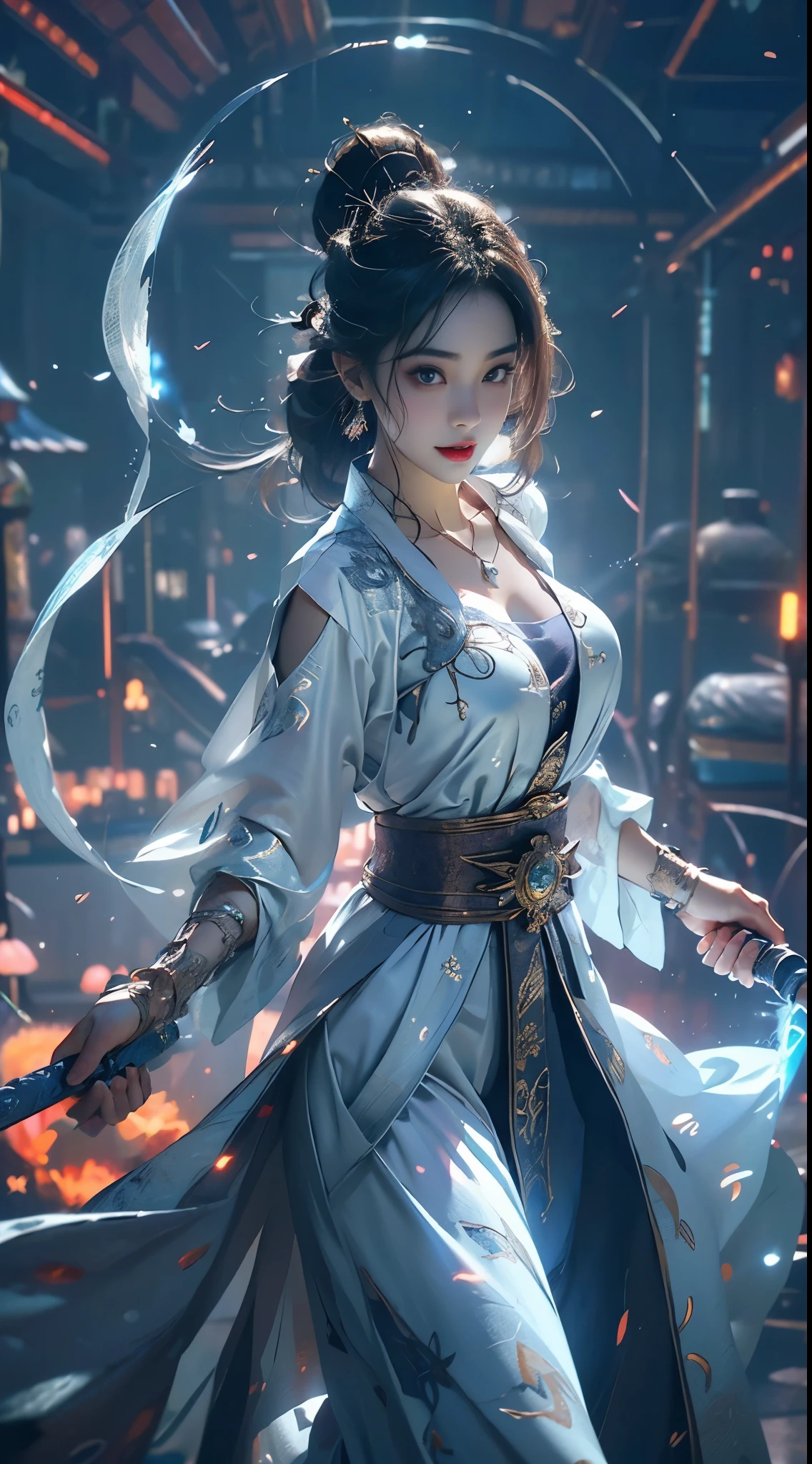 weapon,cleavage,(magic circle:1.1),xiuxian, ((knee shot)), 8k, masterpiece, original photo, best quality, detail:1.2), ((Shot at random angles)), lifelike, Extremely detailed CG unified 8k wallpapers, depth of field, movie light, lens flare, Ray tracing, (extremely beautiful face, beautiful lips, beautiful eyes), intricate detail face, ((ultra detailed skin)) 1 girl, in the darkness, deep shadow, beautiful korean girl, kpop idol,(Very slim figure:1.3), plump breasts, (bright smile), (City night, (neon lights), (night), beautiful korean girl, white diamond earrings, diameter bracelet, Dia Necklace, clear eyes, Walk, (big eyes), right hand, anatomically correct
