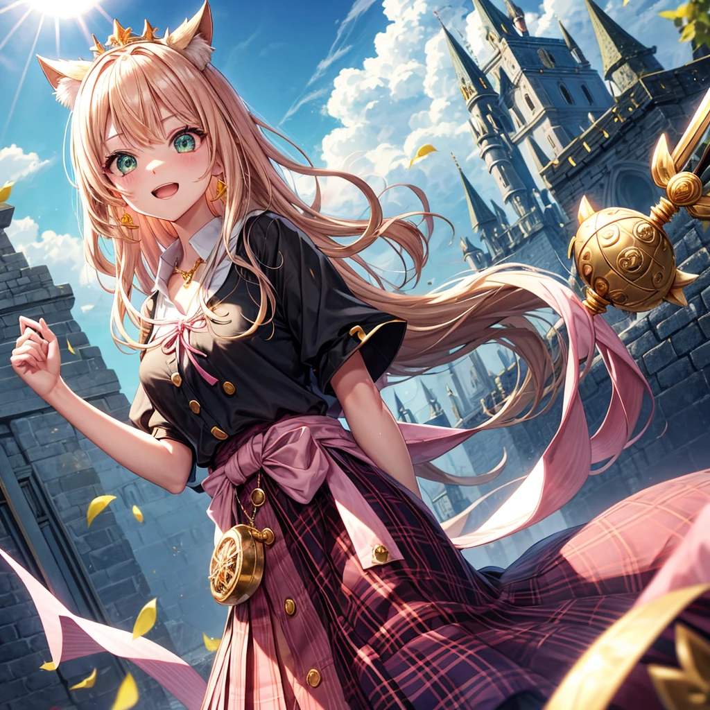 pink blonde、green eyes、one good looking girl、solo、anime、plaid mini skirt、the skirt has buttons、black camisole、black t-shirt、dress、wearing a ribbon、ribbon at waist、cloak、hood、clouds are swirling、stone slabs are piled up、one hand raised、crystal earrings、sun、teeth are visible、splash of water、monster castle、ceiling、golden key、jewelry necklace、tiara、Light and shadow