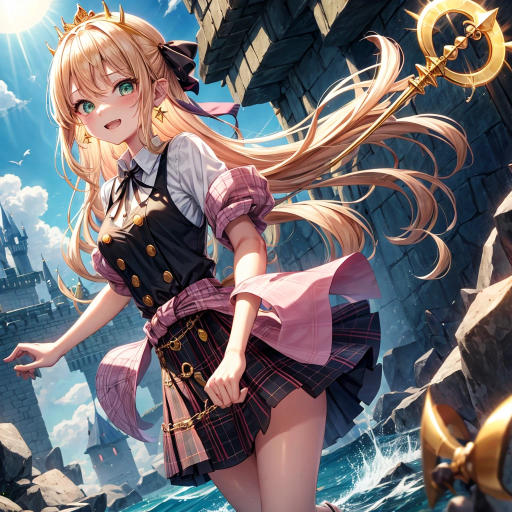 pink blonde、green eyes、one good looking girl、solo、anime、plaid mini skirt、the skirt has buttons、black camisole、black t-shirt、dress、wearing a ribbon、ribbon at waist、cloak、hood、clouds are swirling、stone slabs are piled up、one hand raised、crystal earrings、sun、teeth are visible、splash of water、monster castle、ceiling、golden key、jewelry necklace、tiara、Light and shadow
