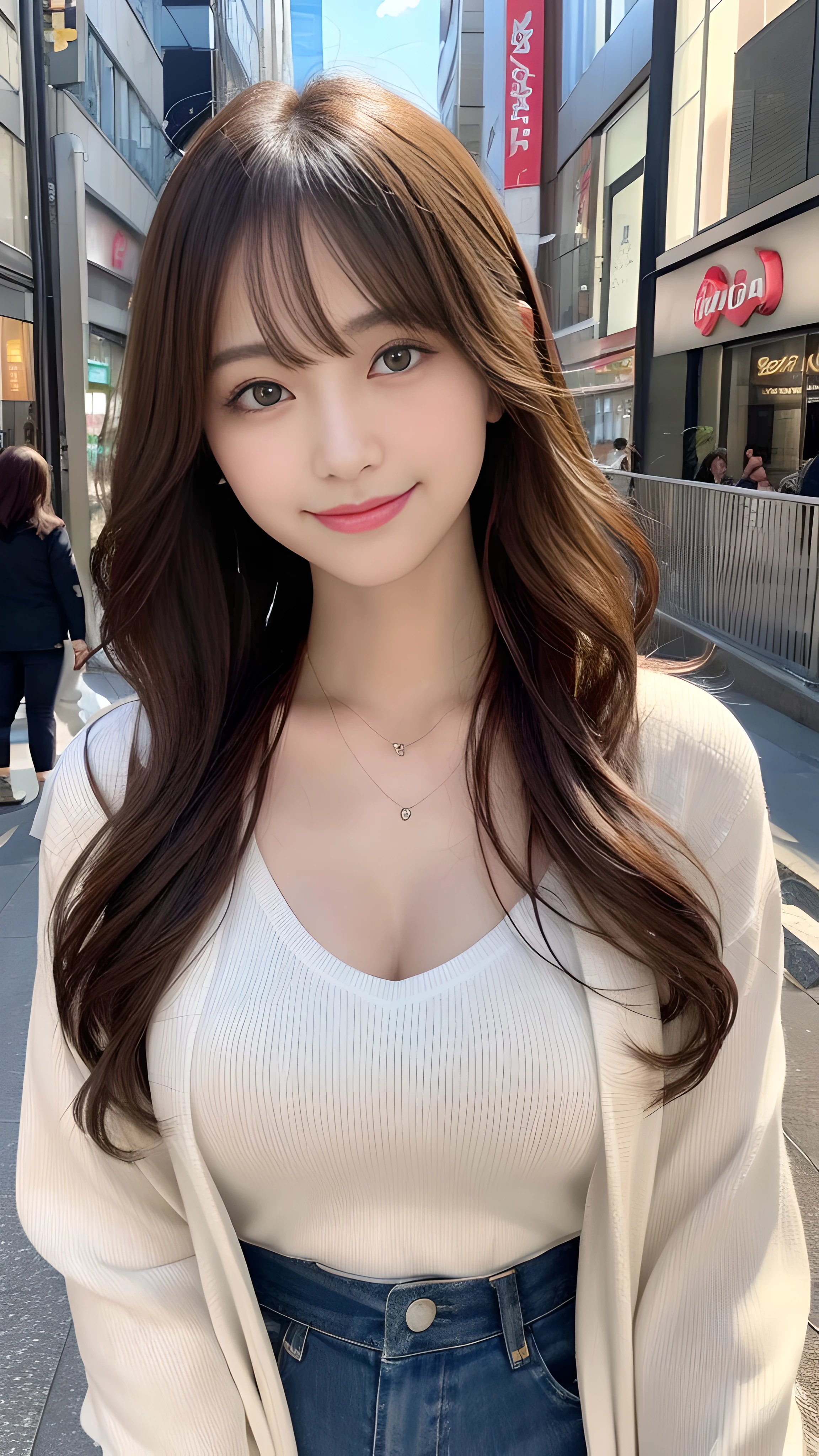 最high quality, shape, Super detailed, finely, High resolution, 8k wallpaper, 完璧なダイナミックな構shape, finelyて美しい目,wavy hair, natural color lip, bold sexy pose,笑face, 20 year old girl、cute、sexy shot looking at camera,Ultra-realistic raw photos, hostess&#39;face、Clothes season is random, high quality、surreal、healthy、笑face、Slender perfect shape、beauty of japan、 necklace、perfect eyes beautiful skin、Upper body、The location is Shibuya, very thin waist, people々focus perfectly on, Hair color is random