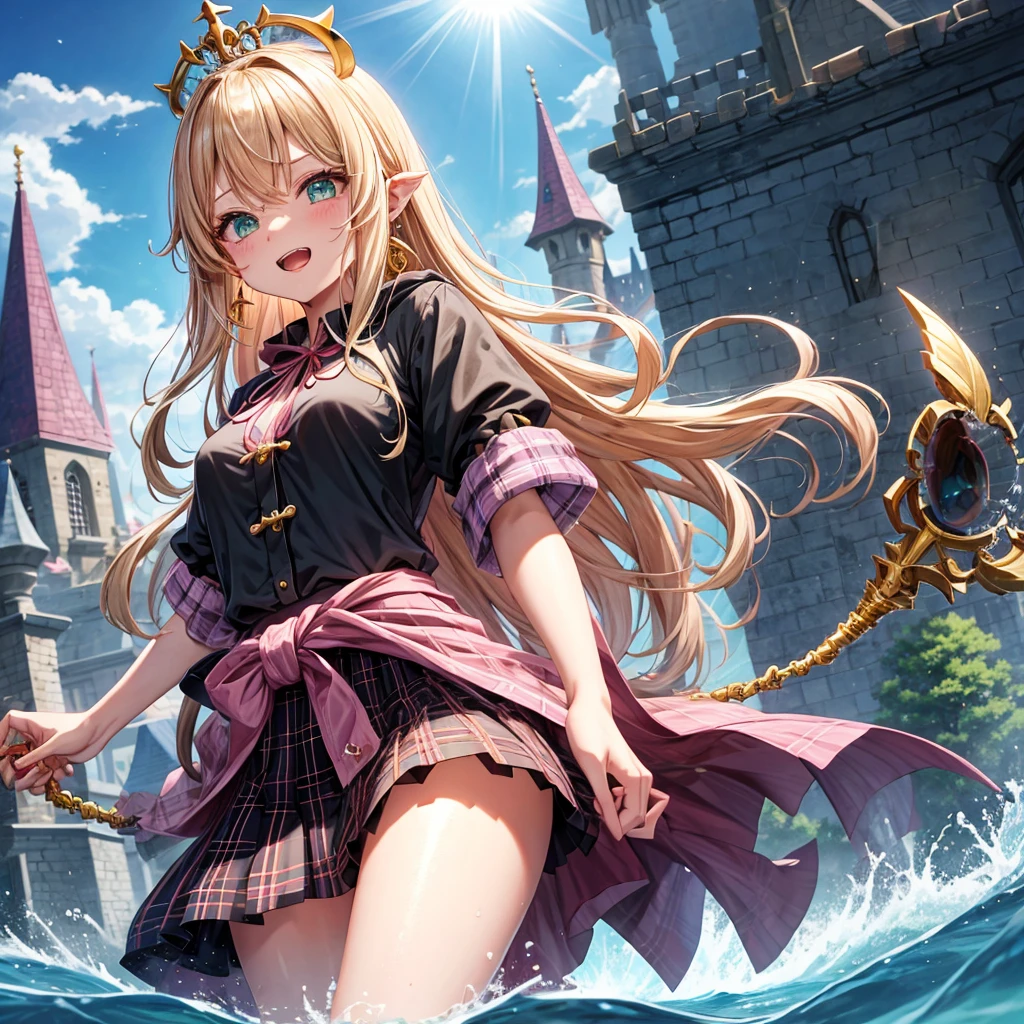 pink blonde、green eyes、one good looking girl、solo、anime、plaid mini skirt、the skirt has buttons、black camisole、black t-shirt、dress、wearing a ribbon、ribbon at waist、cloak、hood、clouds are swirling、stone slabs are piled up、one hand raised、crystal earrings、sun、teeth are visible、splash of water、monster castle、ceiling、golden key、jewelry necklace、tiara、Light and shadow