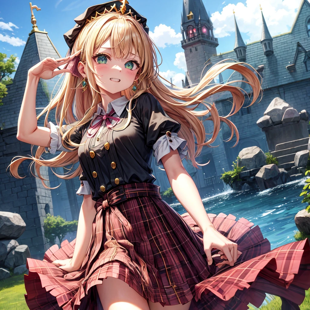 pink blonde、green eyes、one good looking girl、solo、anime、plaid mini skirt、the skirt has buttons、black camisole、black t-shirt、dress、wearing a ribbon、ribbon at waist、cloak、hood、clouds are swirling、stone slabs are piled up、one hand raised、crystal earrings、sun、teeth are visible、splash of water、monster castle、ceiling、golden key、jewelry necklace、tiara、Light and shadow