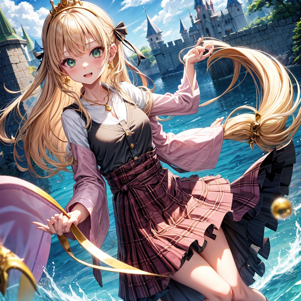 pink blonde、green eyes、one good looking girl、solo、anime、plaid mini skirt、the skirt has buttons、black camisole、black t-shirt、dress、wearing a ribbon、ribbon at waist、cloak、hood、clouds are swirling、stone slabs are piled up、one hand raised、crystal earrings、sun、teeth are visible、splash of water、monster castle、ceiling、golden key、jewelry necklace、tiara、Light and shadow