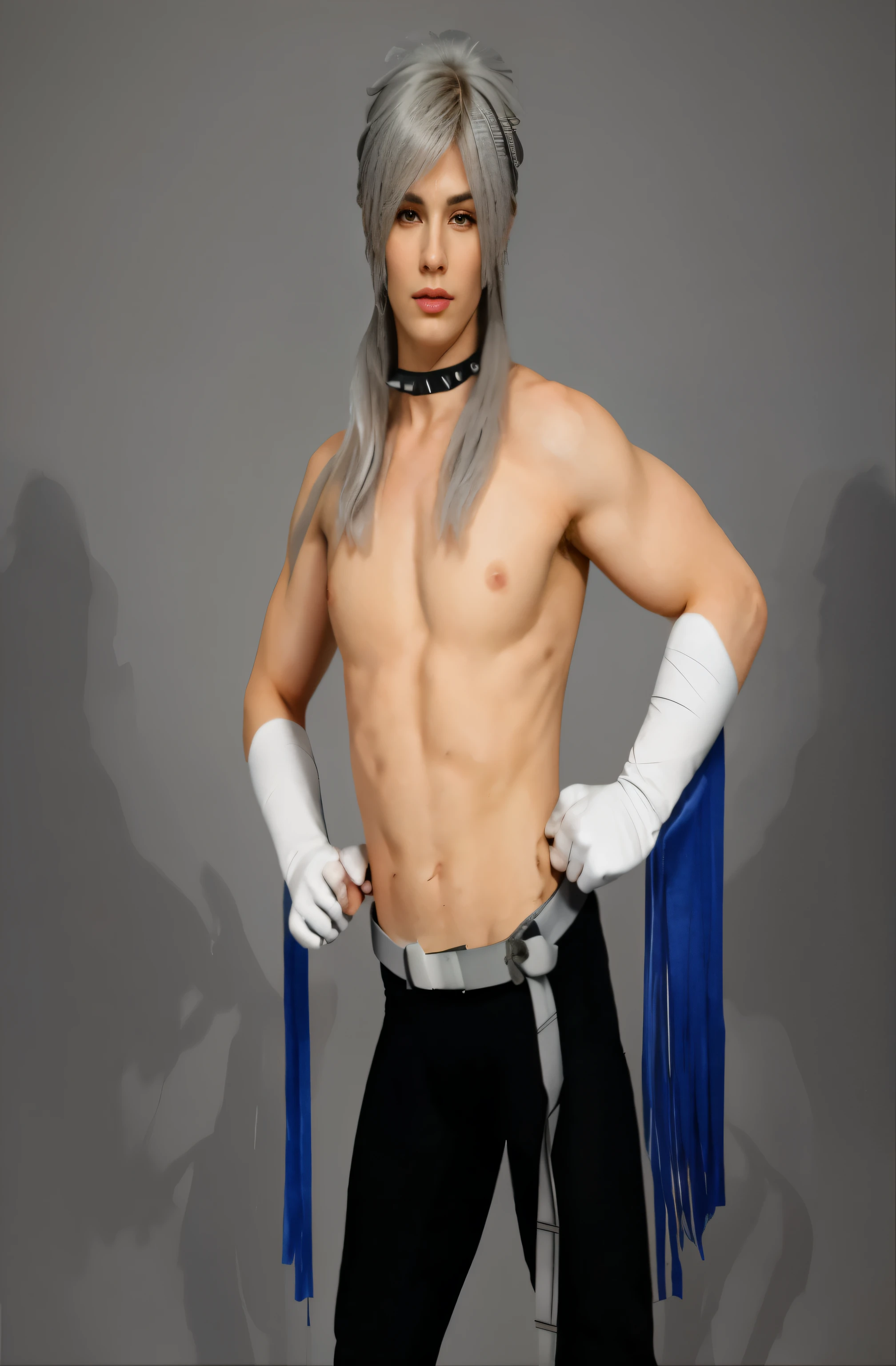  male posing, downed sweatpants, big dick, skinny body, atmospheric, cute face, white hair, blood, topless, mask