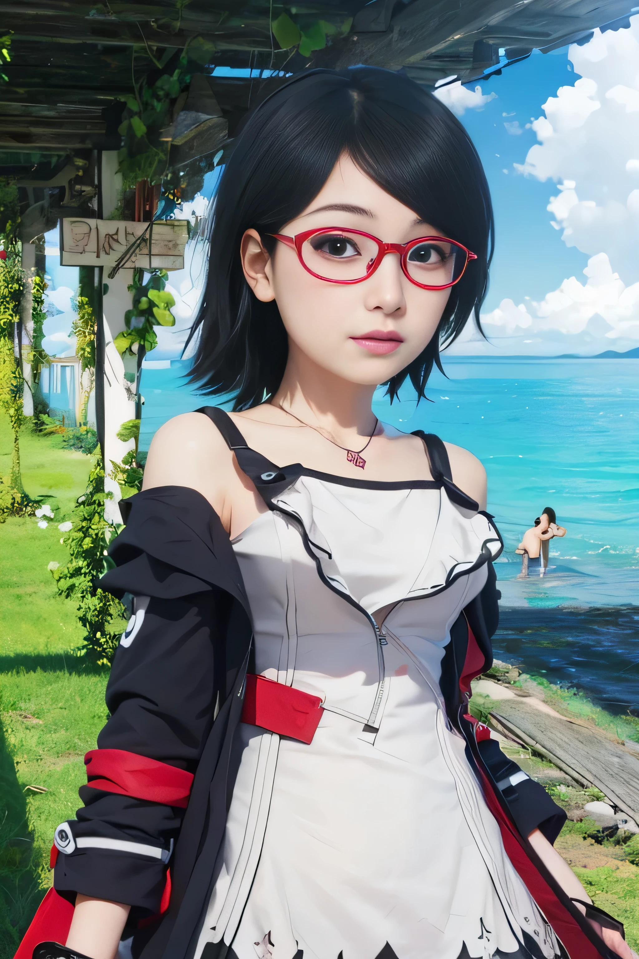 masterpiece, best quality, (realistic,photo-realistic:1.4), (RAW photo:1.2), extremely detailed CG unity 8k wallpaper, delicate and beautiful, amazing,finely detail, official art, absurdres, incredibly absurdres, huge filesize, ultra-detailed,extremely detailed eyes and face,light on face,sarada,(little smile),(black hair:1.4),(short hair:1.6),(wearing white dress :1.5),beach,(wearing red framed glasses:1.4),(small breast:1.3),black jacket,necklace