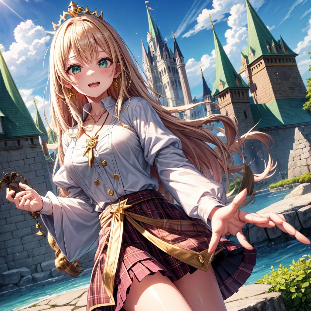 pink blonde、green eyes、one good looking girl、solo、anime、plaid mini skirt、the skirt has buttons、black camisole、black t-shirt、dress、wearing a ribbon、ribbon at waist、cloak、hood、clouds are swirling、stone slabs are piled up、one hand raised、crystal earrings、sun、teeth are visible、splash of water、monster castle、ceiling、golden key、jewelry necklace、tiara、Light and shadow