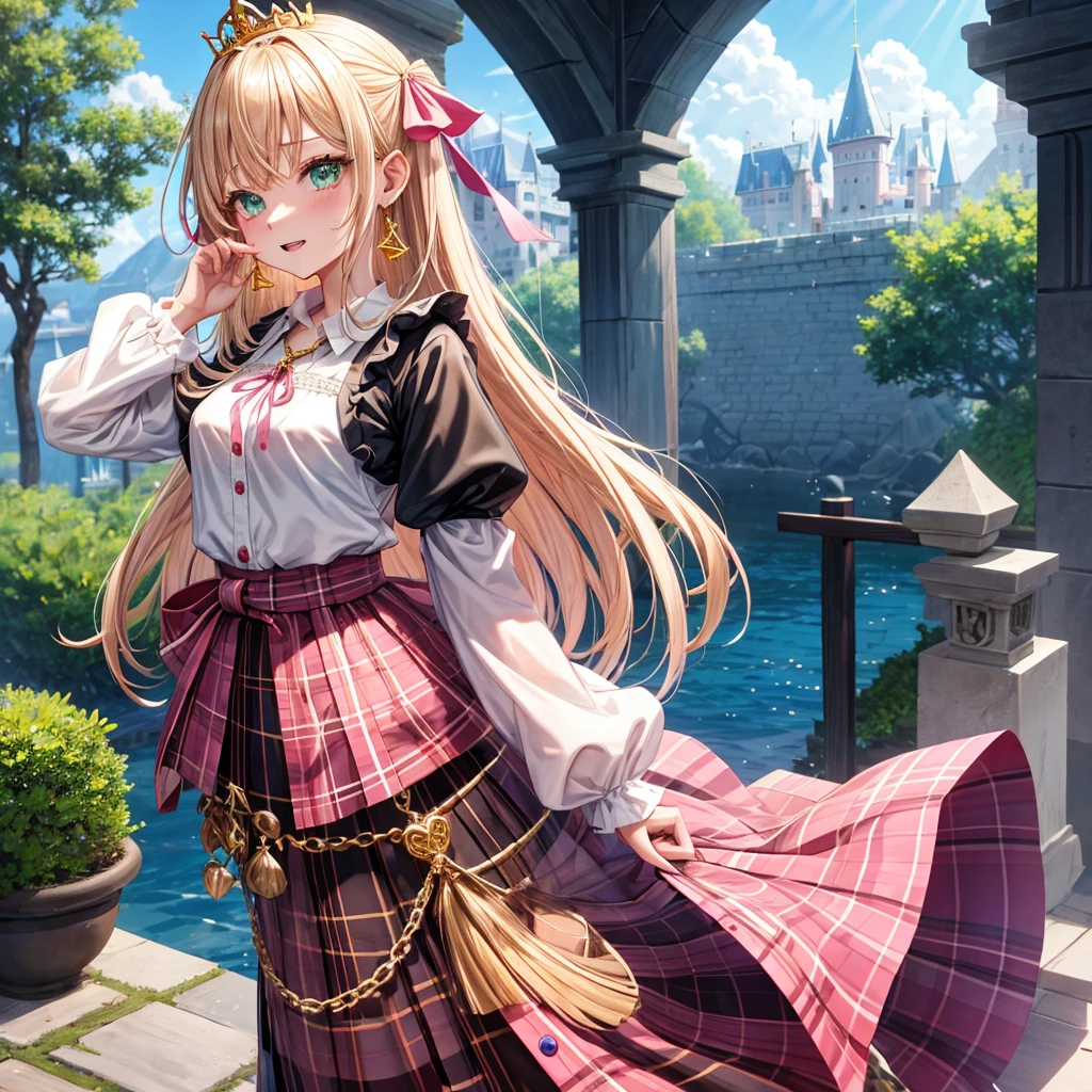 pink blonde、green eyes、one good looking girl、solo、anime、plaid mini skirt、the skirt has buttons、black camisole、black t-shirt、dress、wearing a ribbon、ribbon at waist、cloak、hood、clouds are swirling、stone slabs are piled up、one hand raised、crystal earrings、sun、teeth are visible、splash of water、monster castle、ceiling、golden key、jewelry necklace、tiara、Light and shadow