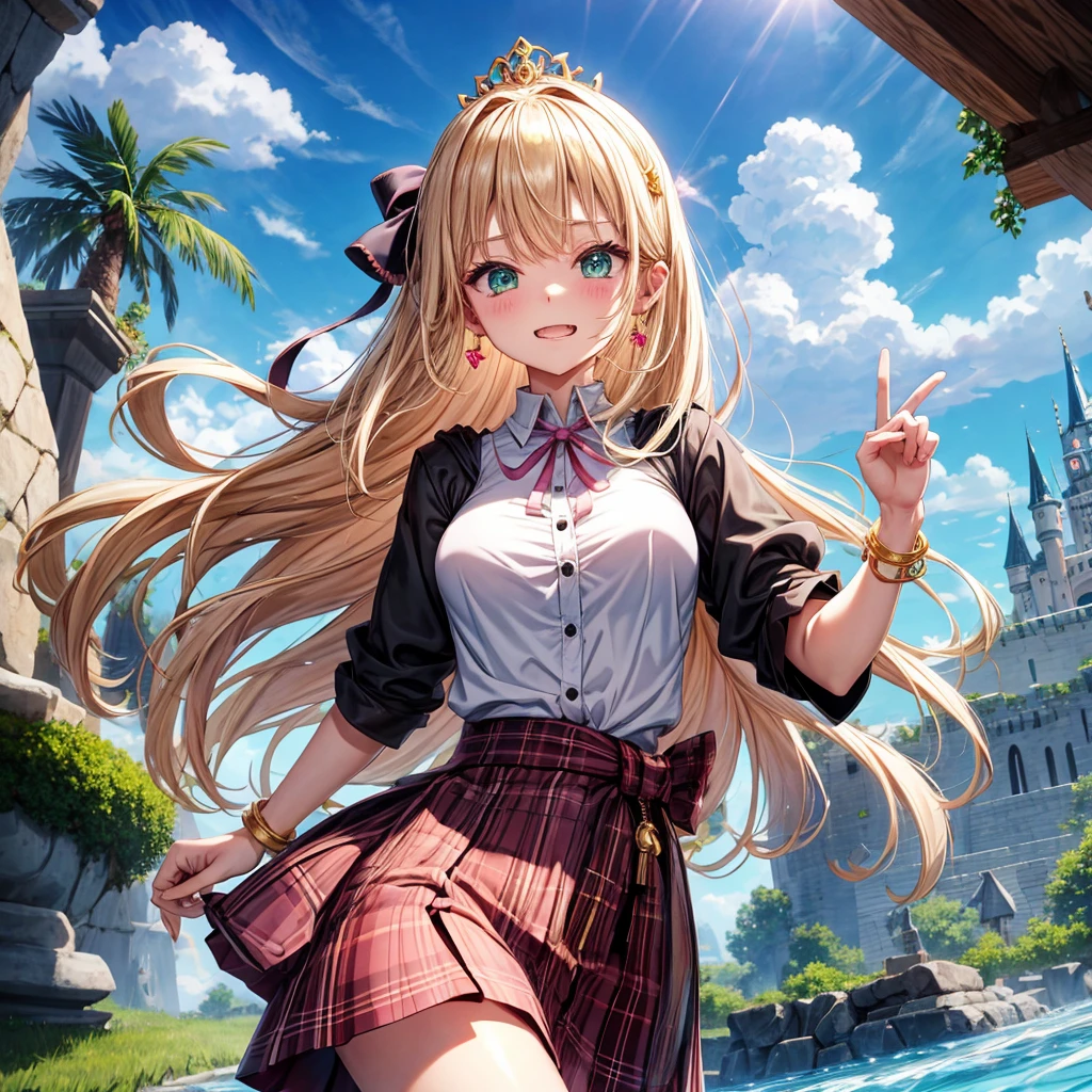 pink blonde、green eyes、one good looking girl、solo、anime、plaid mini skirt、the skirt has buttons、black camisole、black t-shirt、dress、wearing a ribbon、ribbon at waist、cloak、hood、clouds are swirling、stone slabs are piled up、one hand raised、crystal earrings、sun、teeth are visible、splash of water、monster castle、ceiling、golden key、jewelry necklace、tiara、Light and shadow